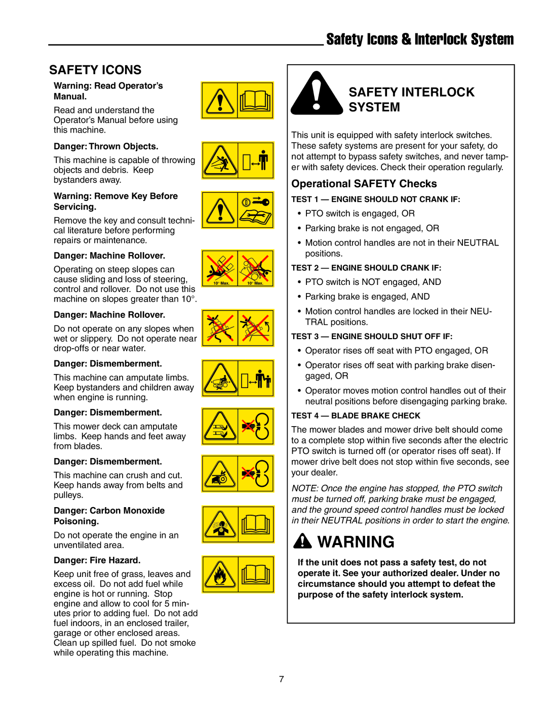 Snapper 18HP, 19HP manual Safety Icons, Safety Interlock System, Operational Safety Checks 