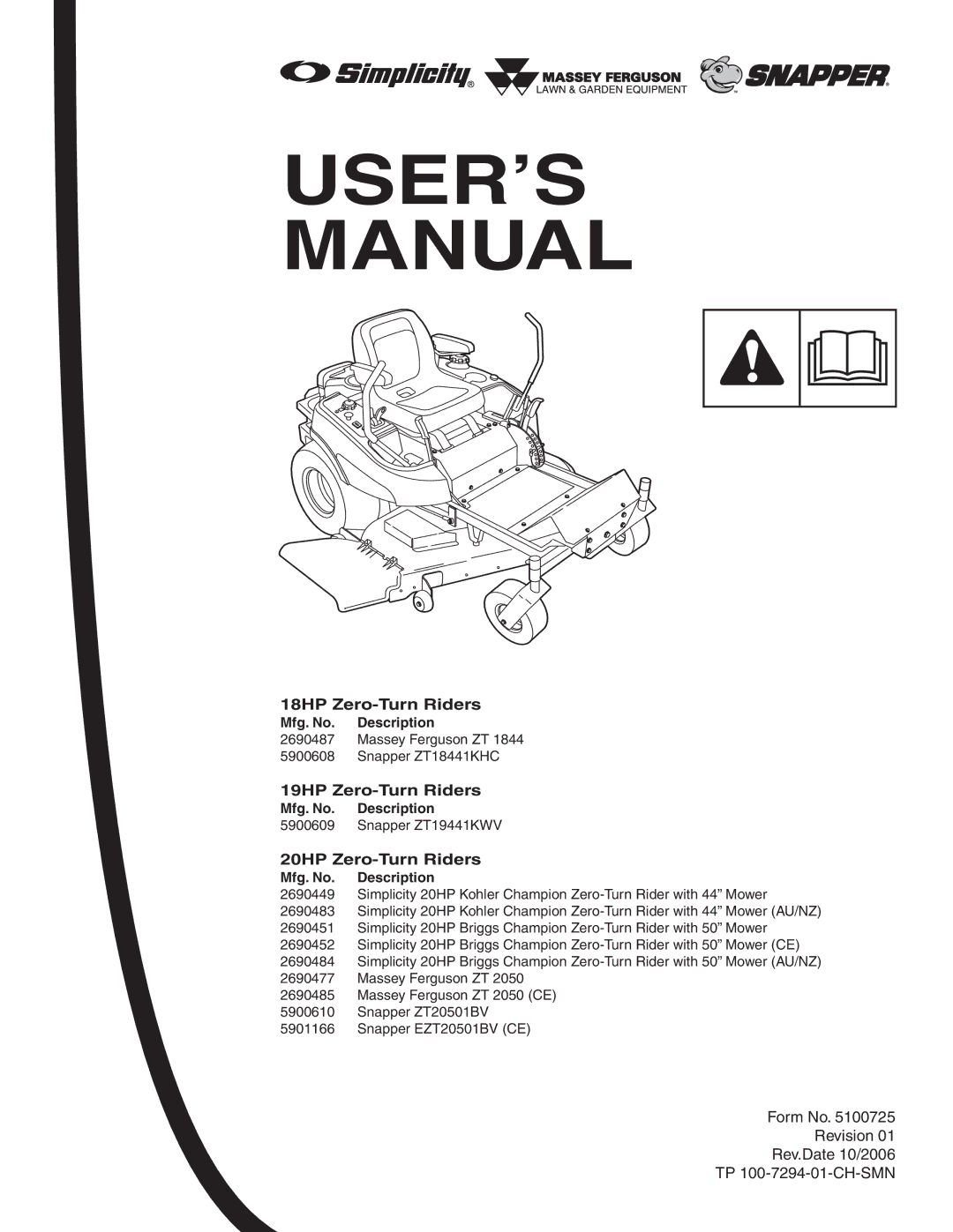 Snapper 20HP, 19HP, 18HP user manual 18HP Zero-Turn Riders, 19HP Zero-Turn Riders, 20HP Zero-Turn Riders 