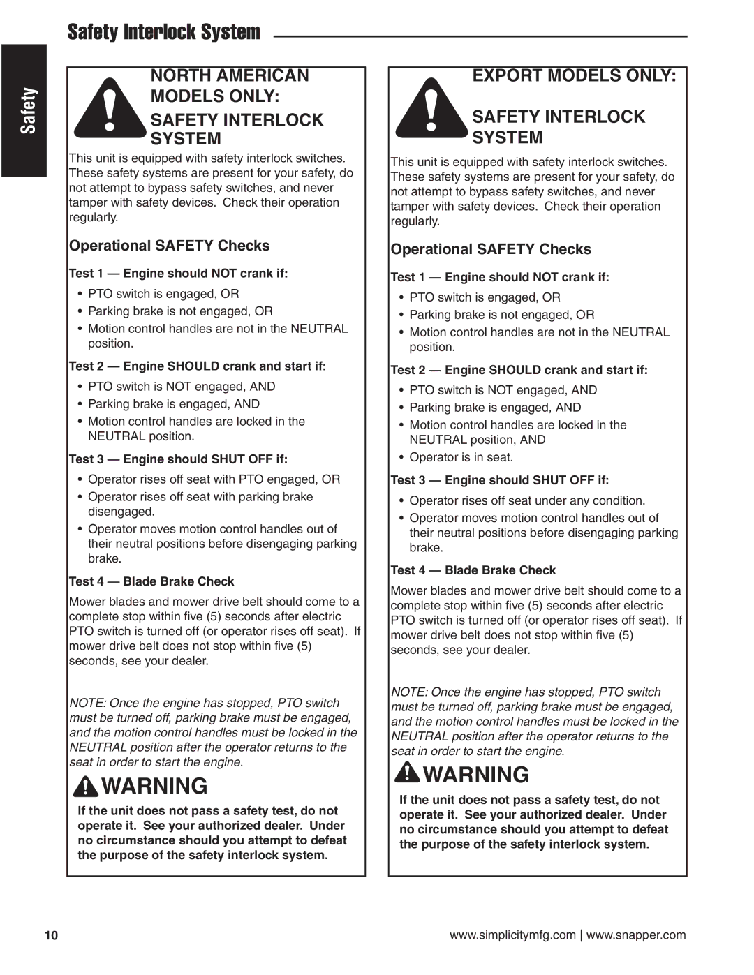 Snapper 20HP, 19HP, 18HP user manual North American Models only Safety Interlock System, Operational Safety Checks 