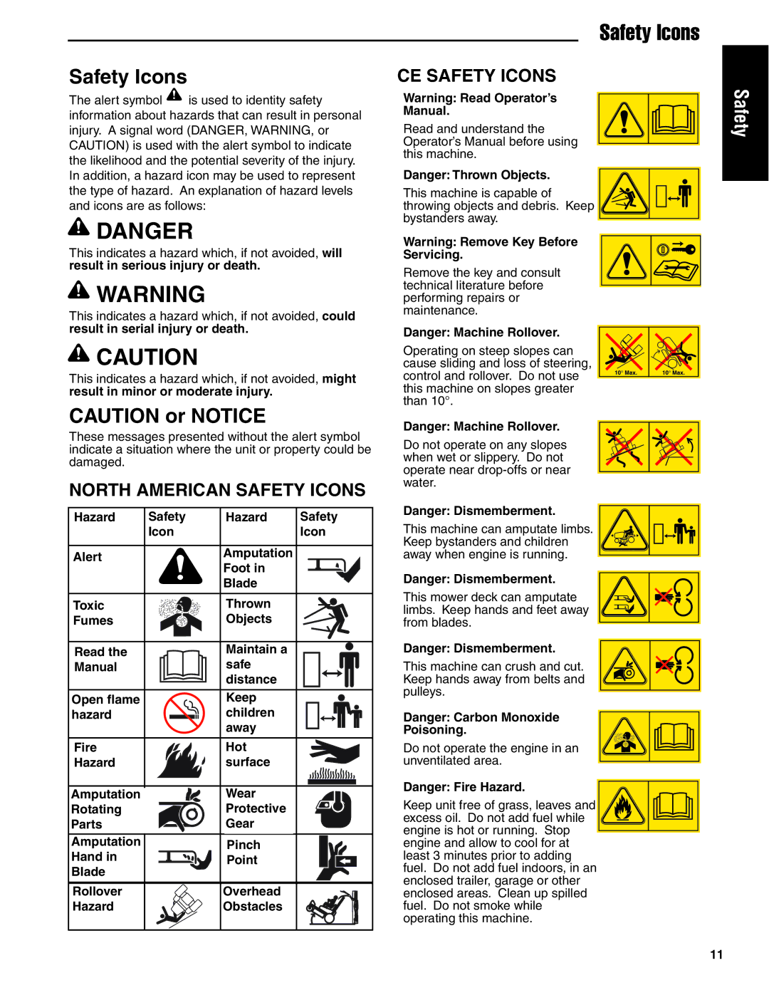 Snapper 20HP, 19HP, 18HP user manual North American Safety Icons, CE Safety Icons, Servicing, Poisoning 