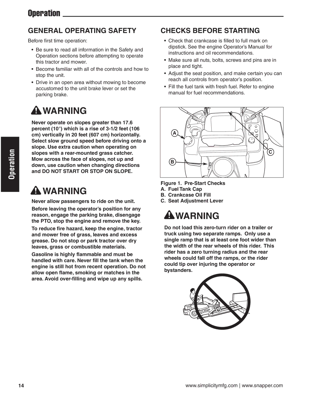 Snapper 20HP, 19HP, 18HP user manual Operation, General Operating Safety, Checks Before Starting 