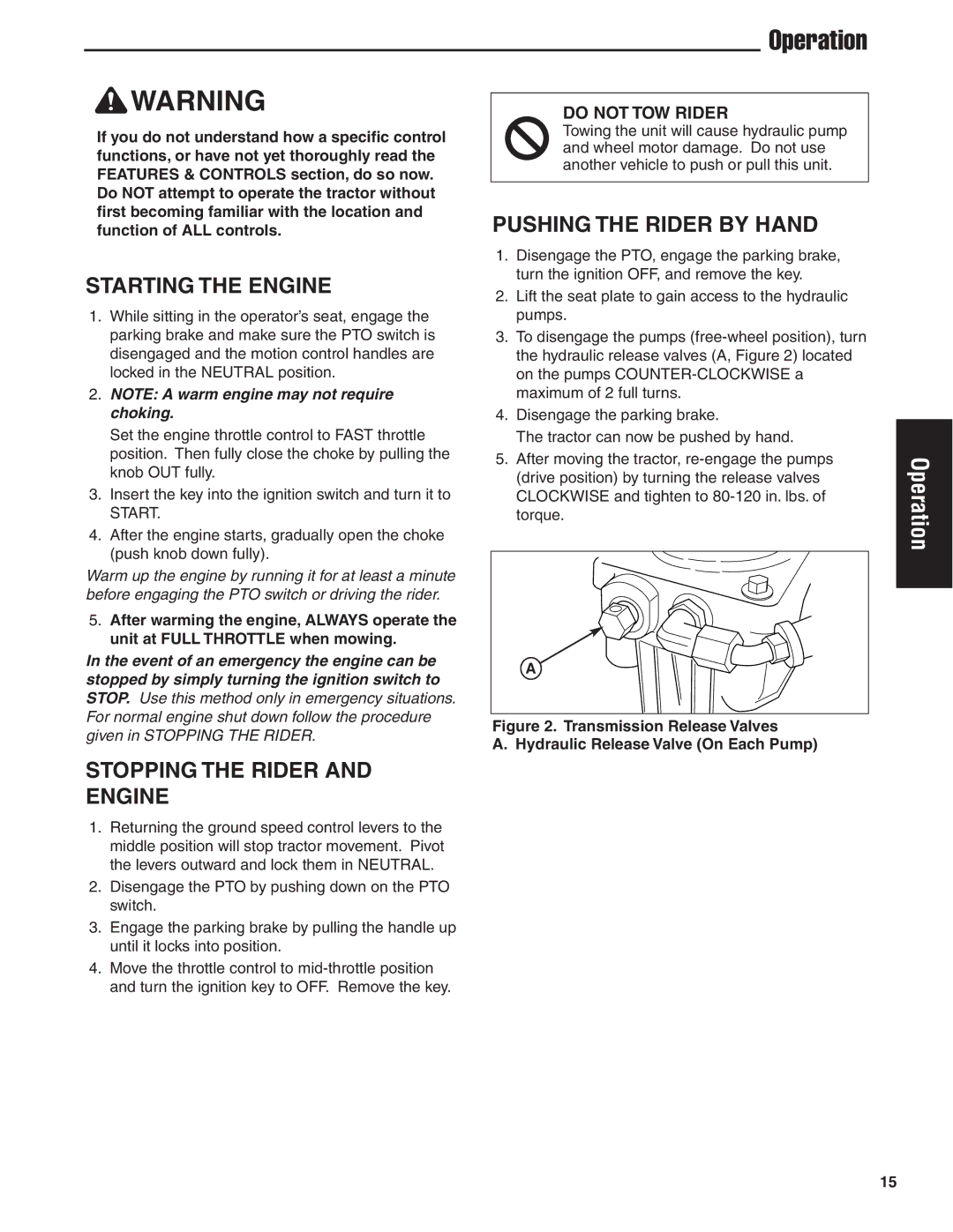 Snapper 20HP, 19HP, 18HP user manual Starting the Engine, Stopping the Rider and Engine, Pushing the Rider by Hand 