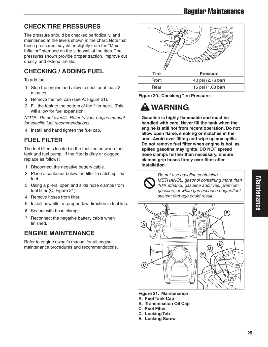 Snapper 20HP, 19HP, 18HP user manual Check Tire Pressures, Checking / Adding Fuel, Fuel Filter, Engine Maintenance 