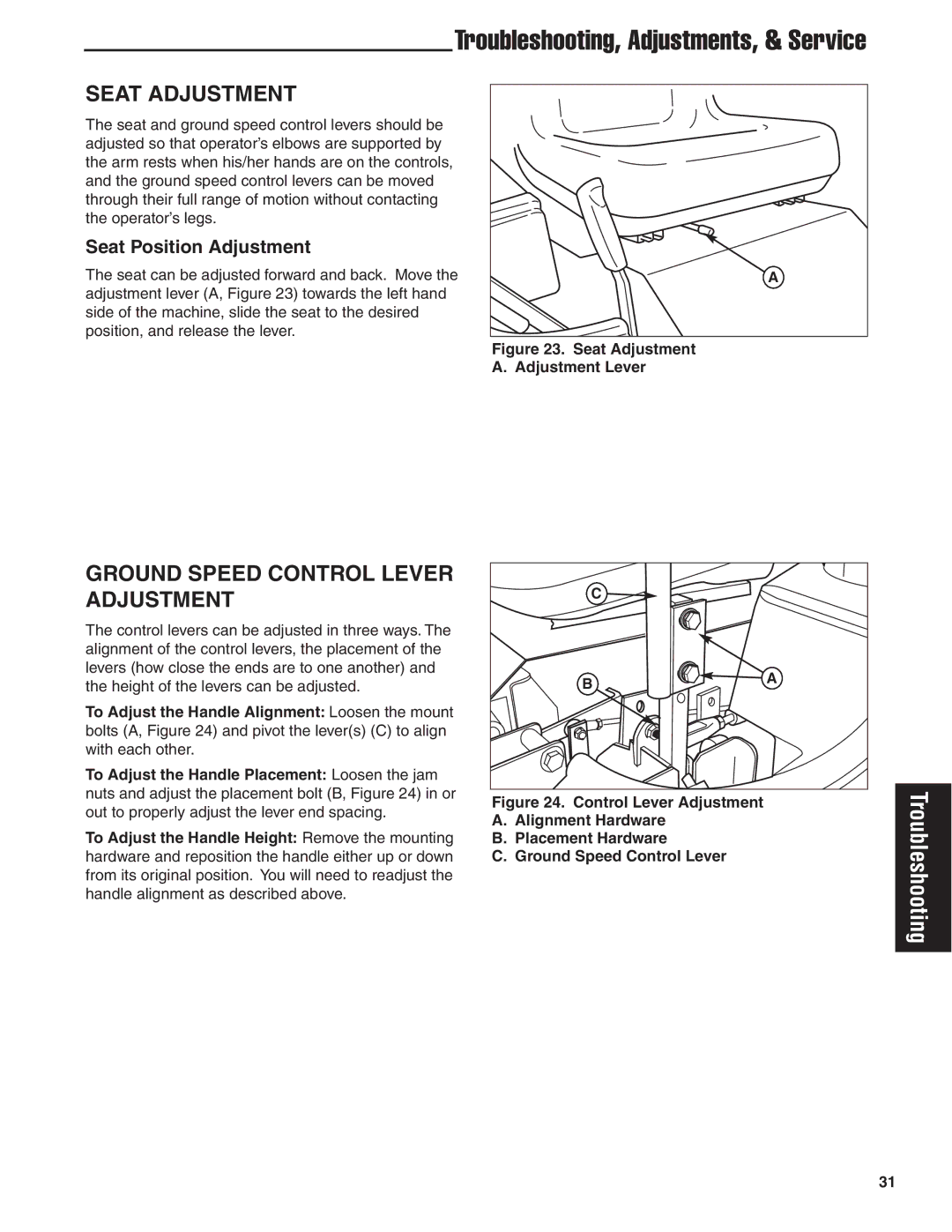 Snapper 20HP, 19HP, 18HP user manual Seat Adjustment, Ground Speed Control Lever Adjustment, Seat Position Adjustment 