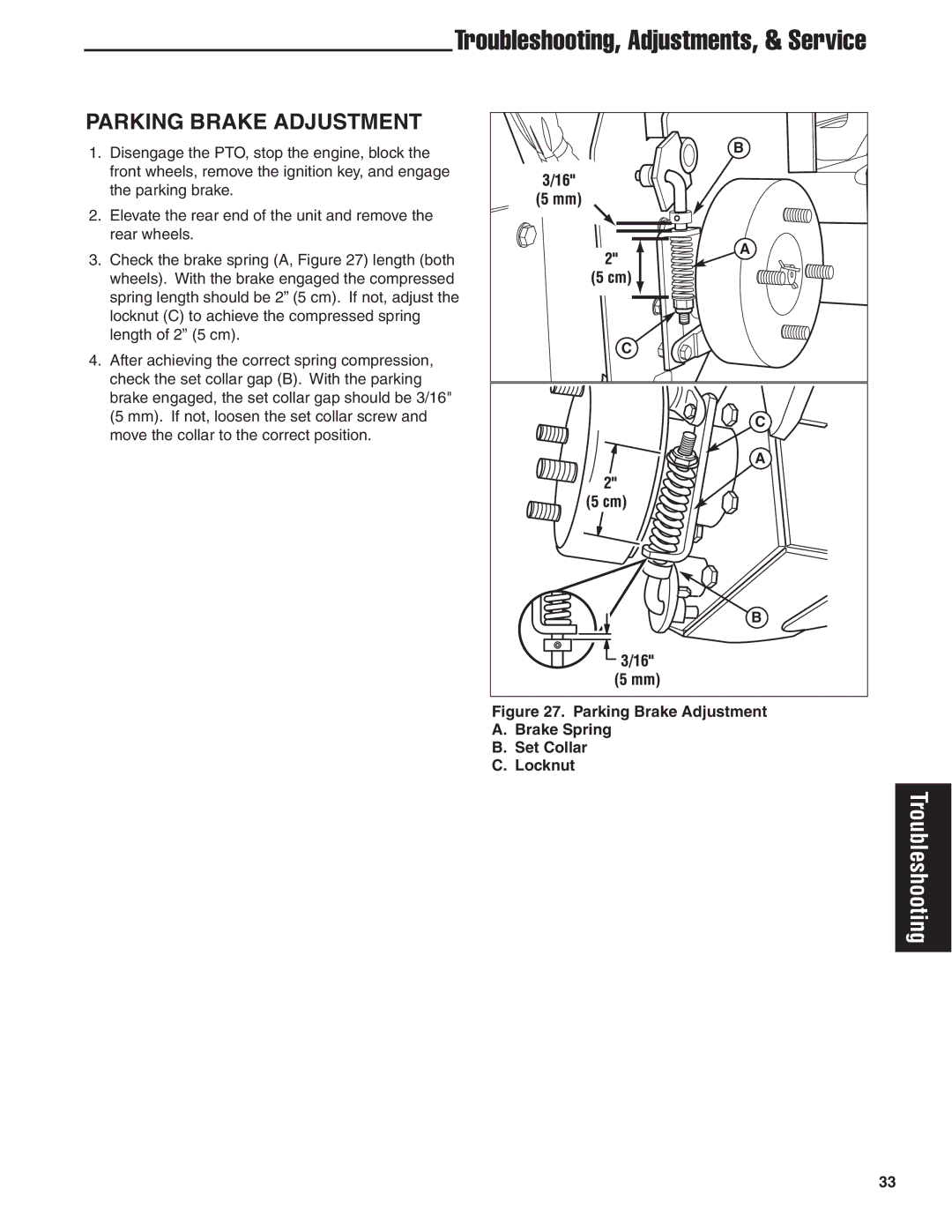 Snapper 20HP, 19HP, 18HP user manual Parking Brake Adjustment, Brake Spring Set Collar Locknut 