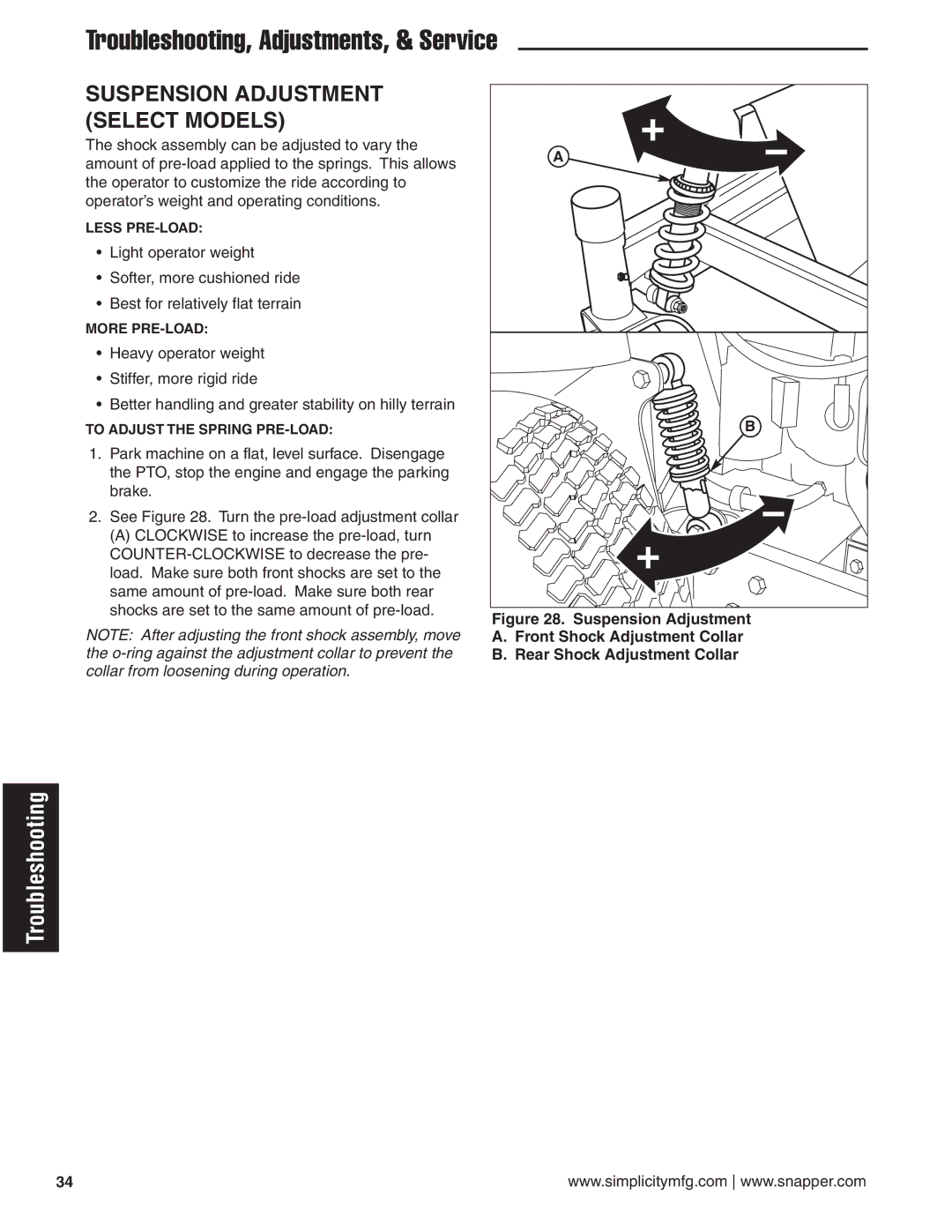 Snapper 20HP, 19HP, 18HP user manual Suspension Adjustment Select Models 