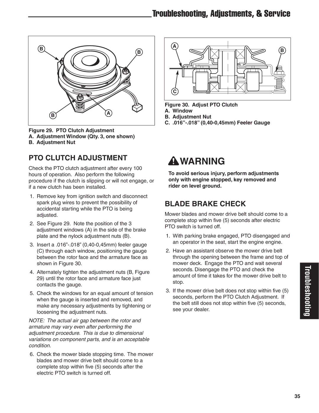 Snapper 20HP, 19HP, 18HP user manual PTO Clutch Adjustment, Blade Brake Check 