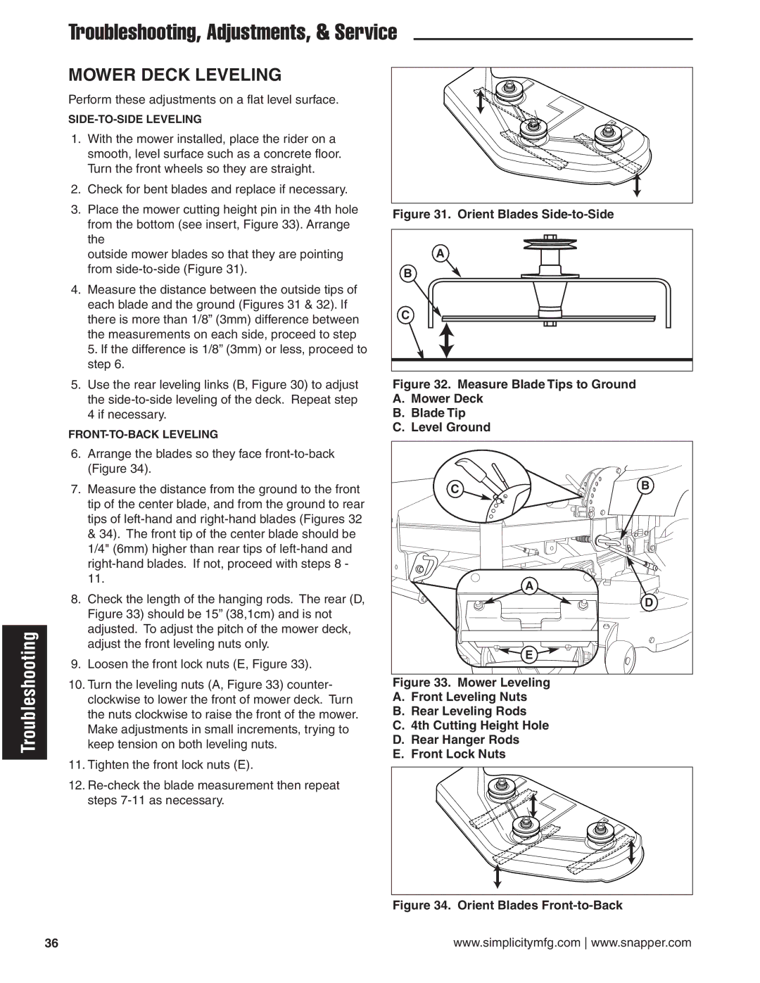 Snapper 20HP, 19HP, 18HP user manual Mower Deck Leveling, Orient Blades Side-to-Side 