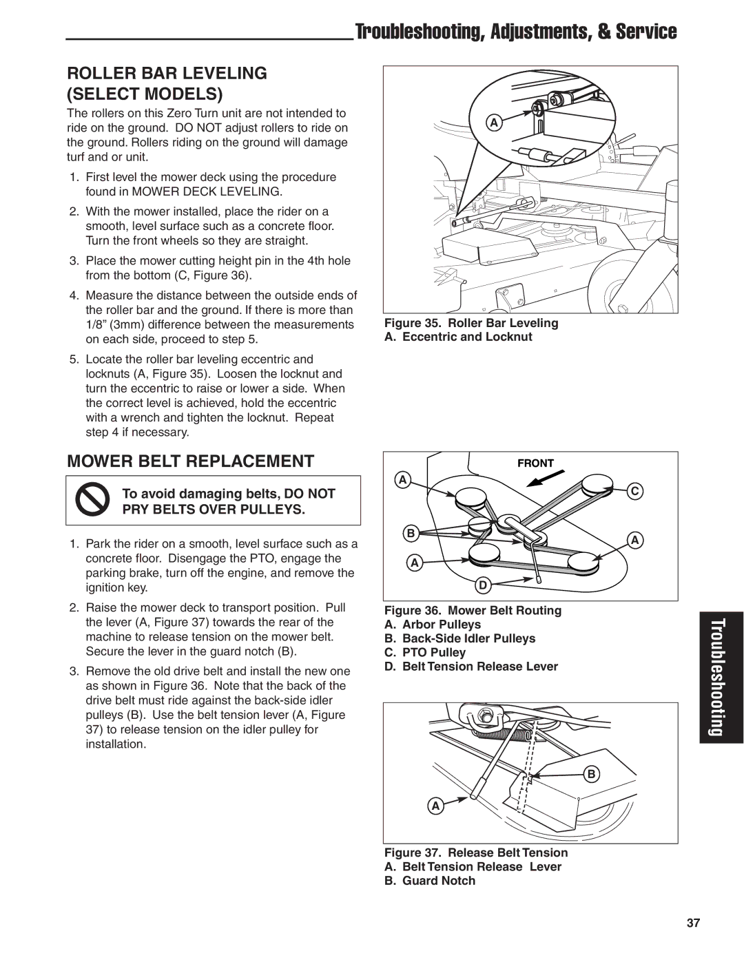 Snapper 20HP, 19HP, 18HP user manual Roller BAR Leveling Select Models, Mower Belt Replacement 