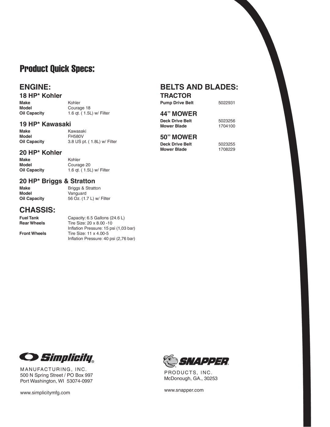 Snapper 20HP, 19HP, 18HP user manual Product Quick Specs, Belts and Blades Tractor, 19 HP* Kawasaki 
