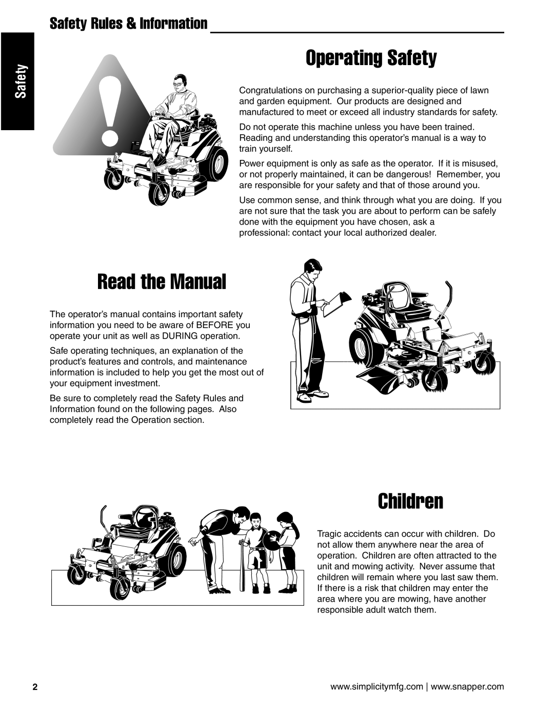 Snapper 20HP, 19HP, 18HP user manual Operating Safety, Safety Rules & Information 