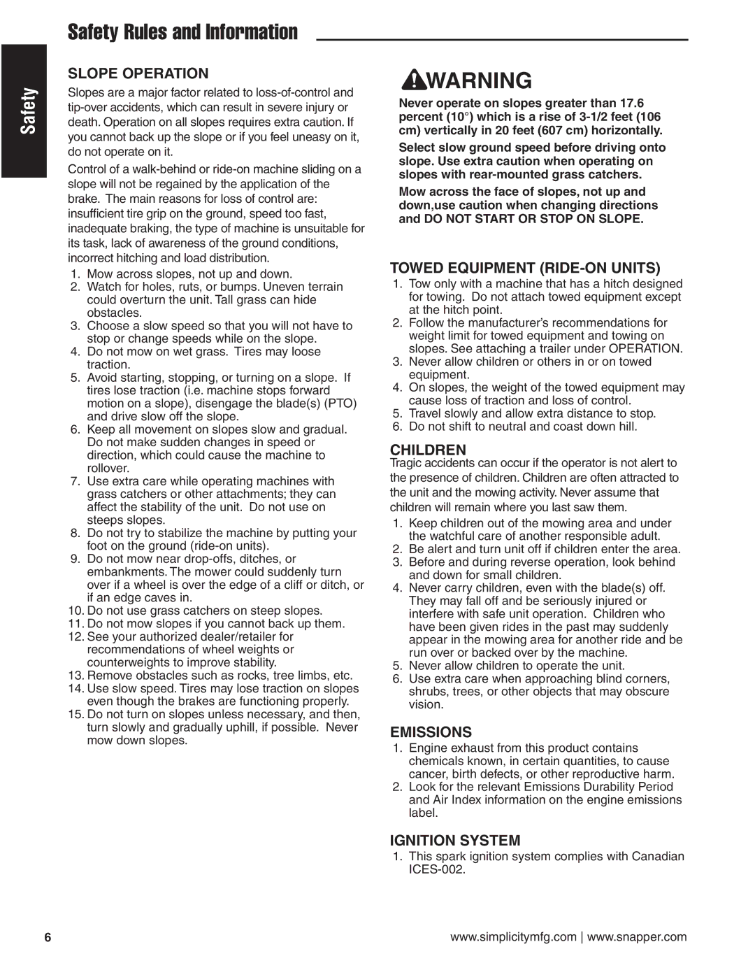 Snapper 20HP, 19HP, 18HP user manual Safety Rules and Information, Slope Operation 