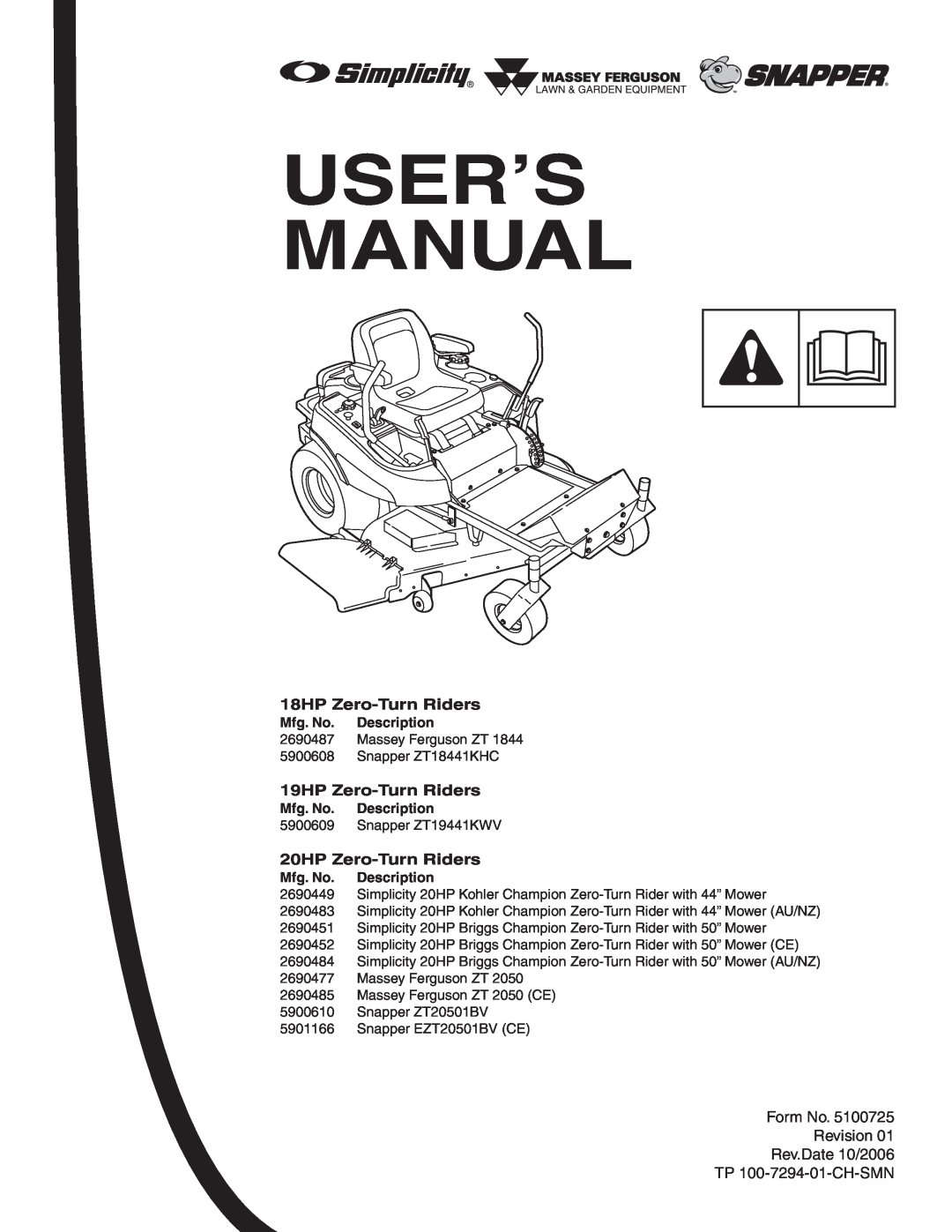 Snapper 20HP, 19HP, 18HP user manual User’S Manual, Mfg. No. Description 