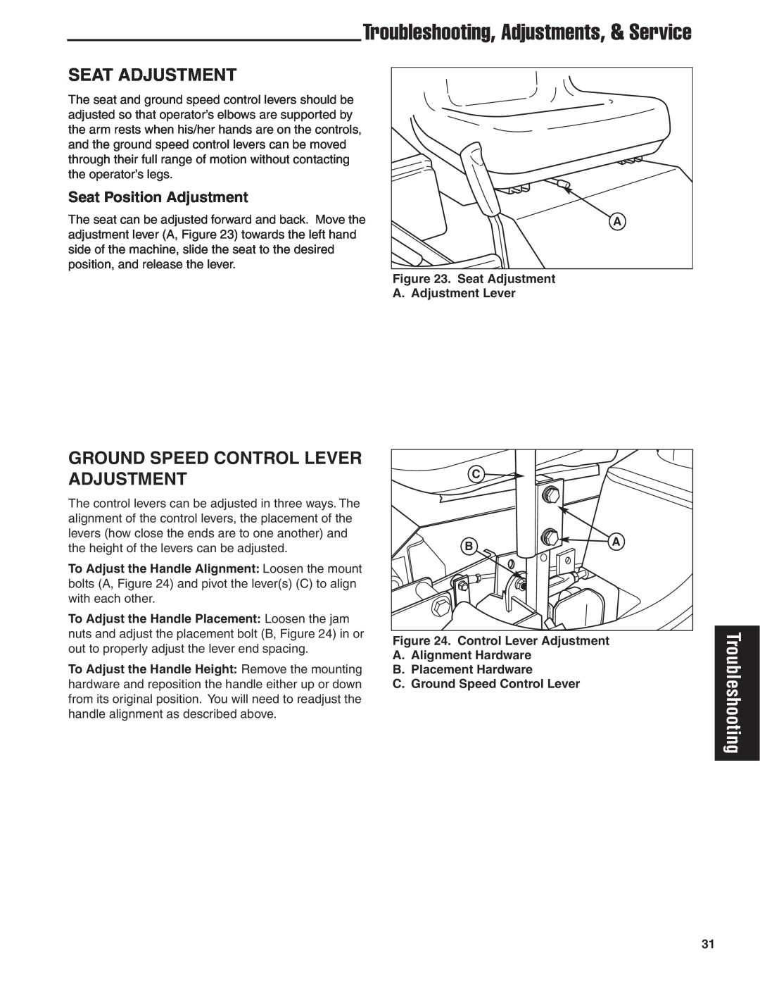 Snapper 18HP user manual Troubleshooting, Adjustments, & Service, Seat Adjustment, Ground Speed Control Lever Adjustment 
