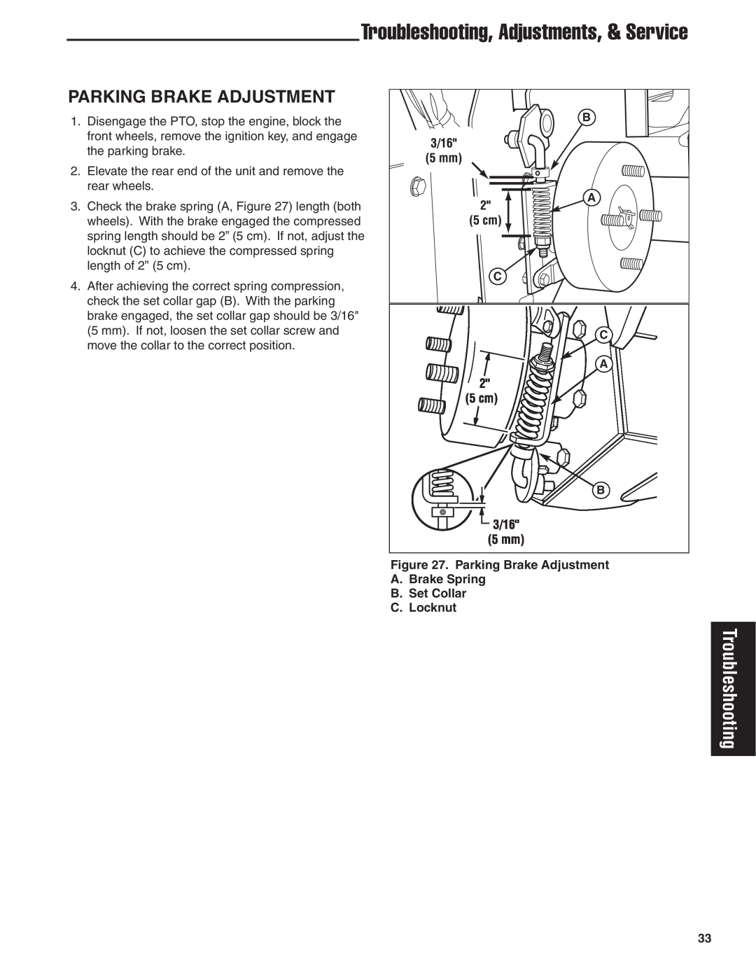 Snapper 18HP Parking Brake Adjustment, Troubleshooting, Adjustments, & Service, A.Brake Spring B.Set Collar C.Locknut 