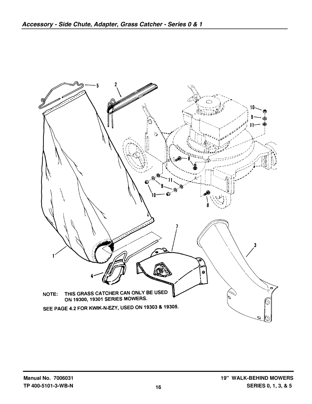 Snapper 19300-2, 19303DB, 19303D-2, 19301T, 19305-2T, 19301D, 19303-2T Accessory Side Chute, Adapter, Grass Catcher Series 0 