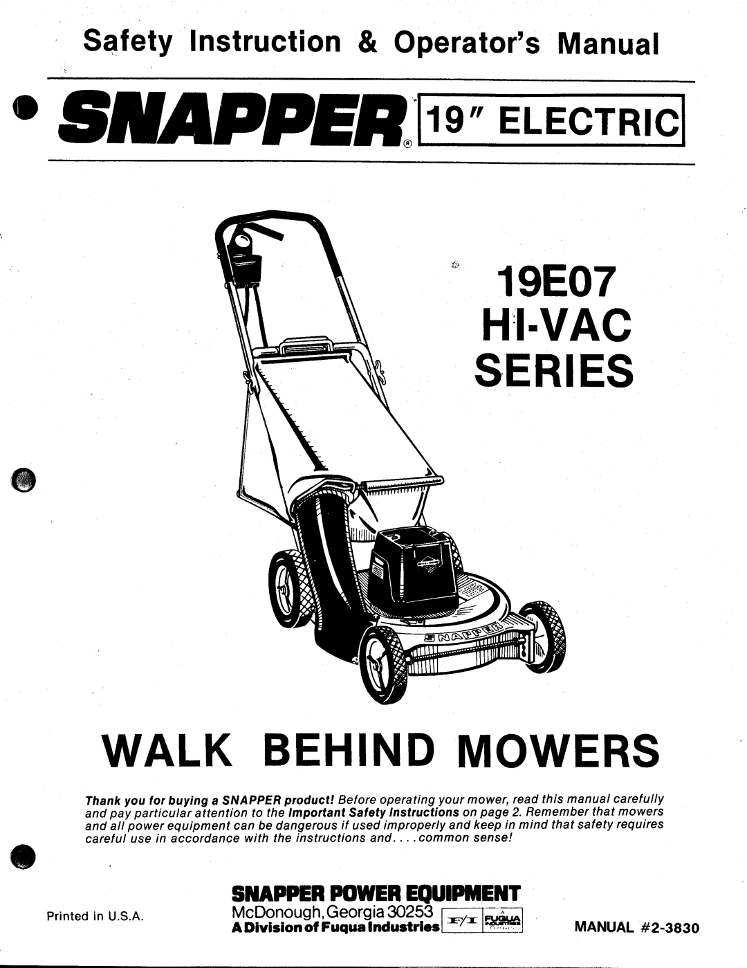 Snapper 19E07 manual 