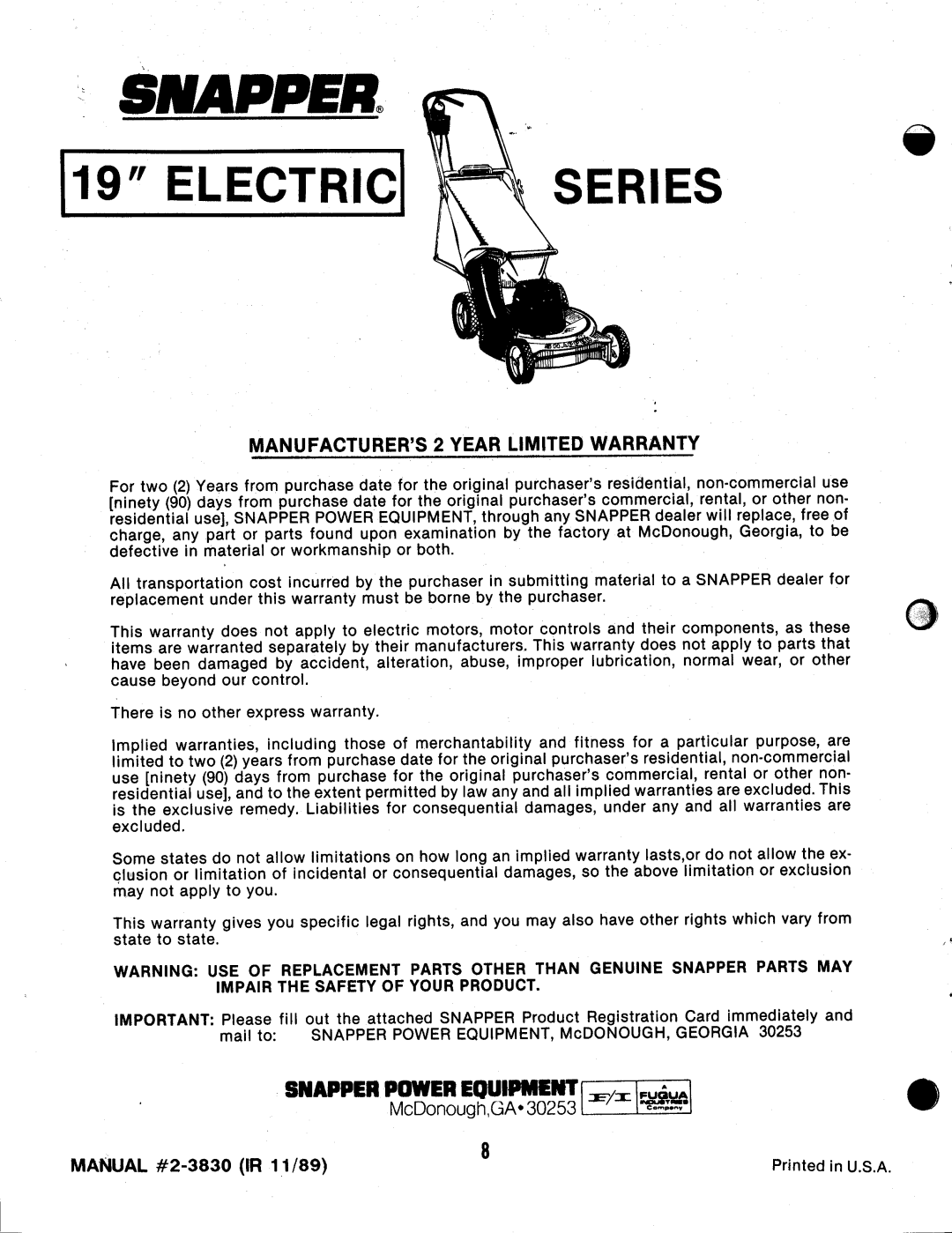 Snapper 19E07 manual 