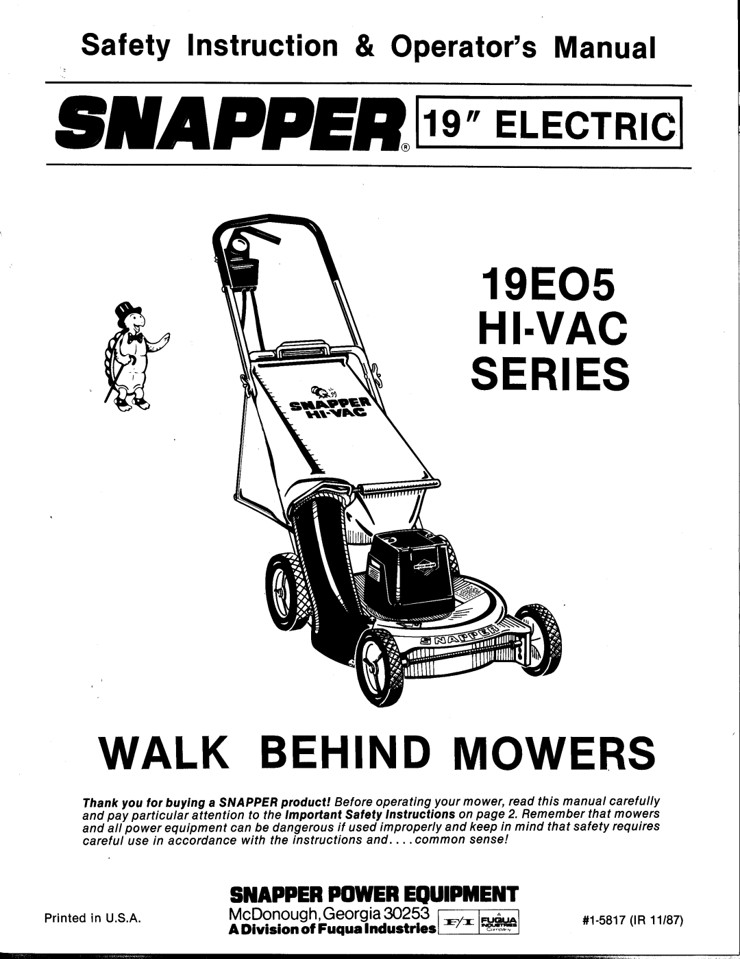 Snapper 19EO5 HI-VAC Series manual 