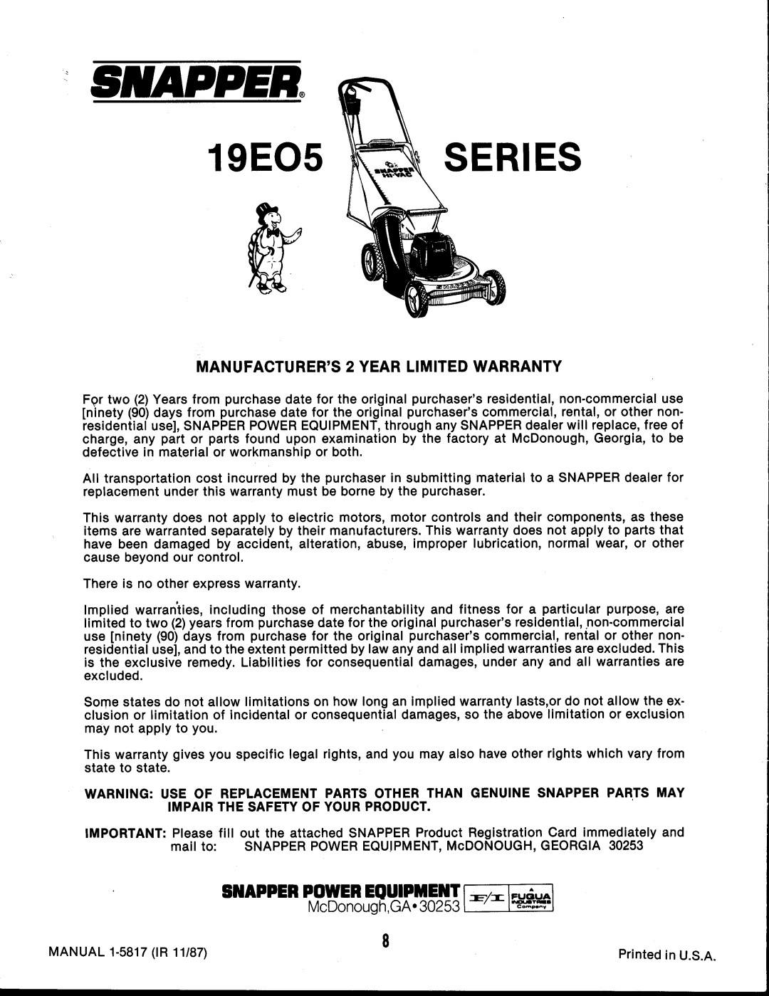 Snapper 19EO5 HI-VAC Series manual 