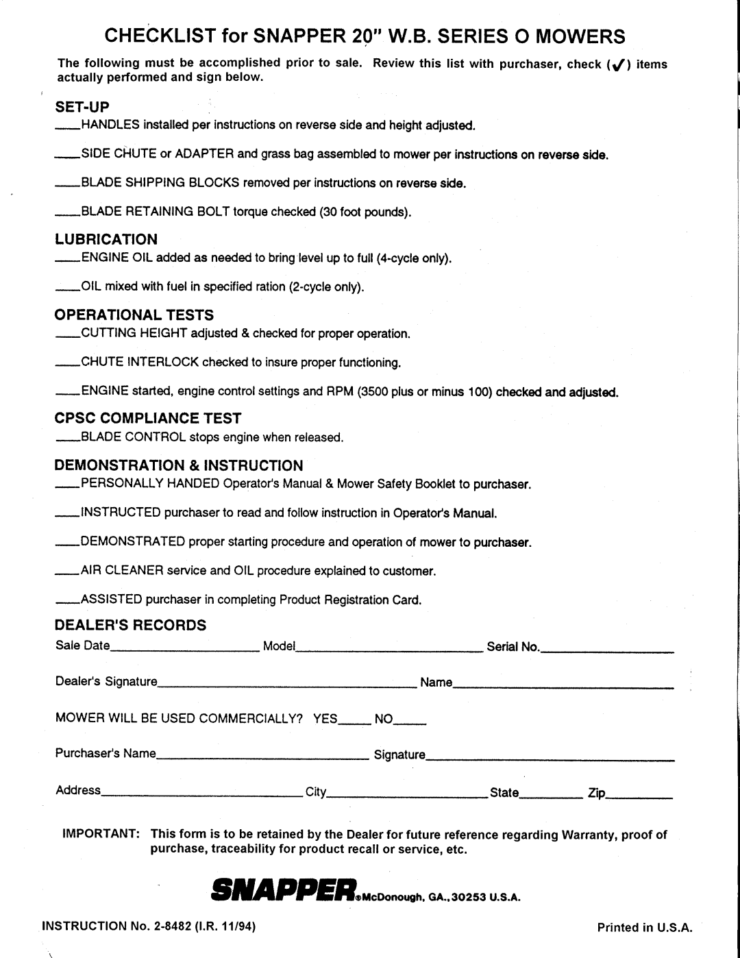 Snapper 2-8482 manual 