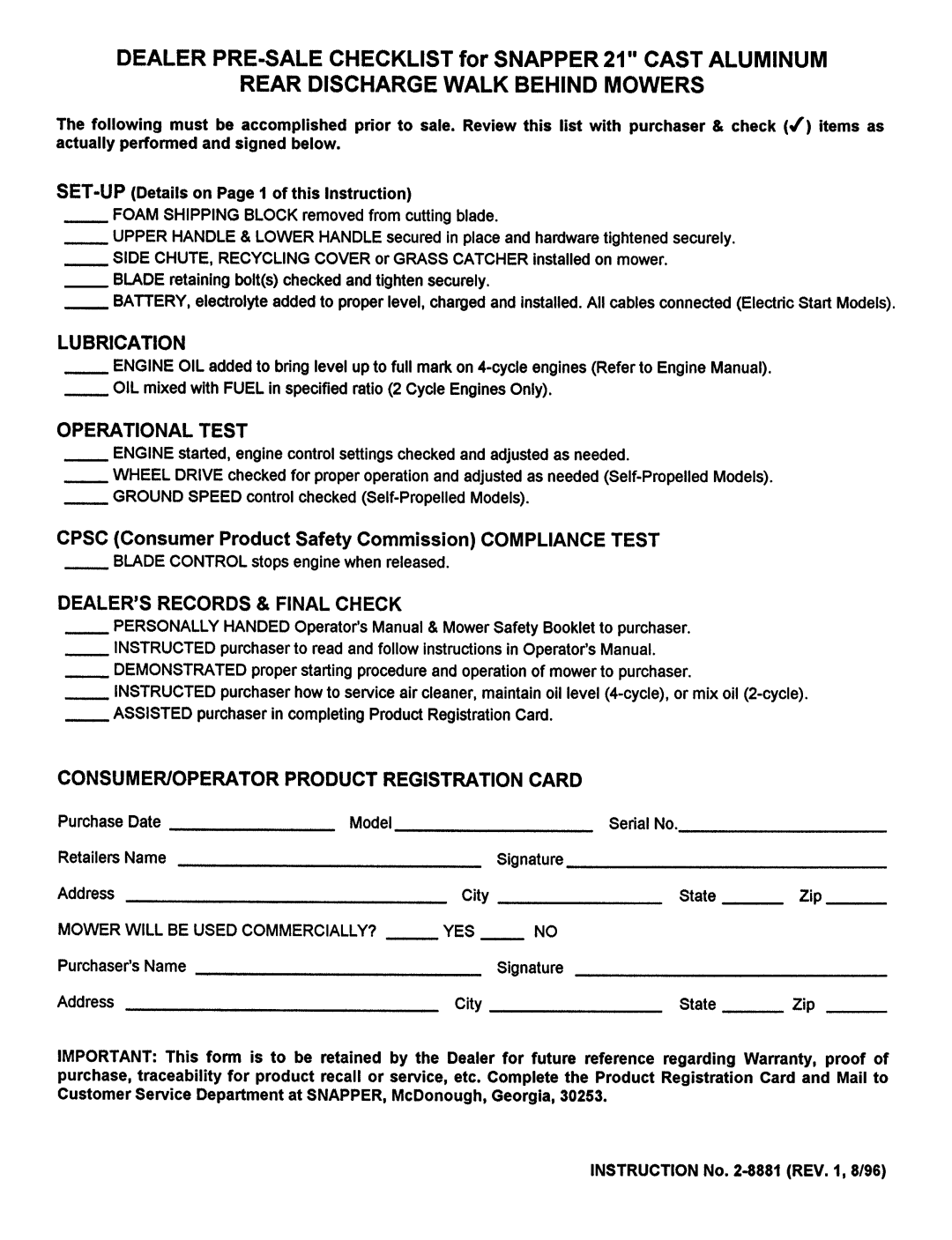 Snapper 2-8881 manual 