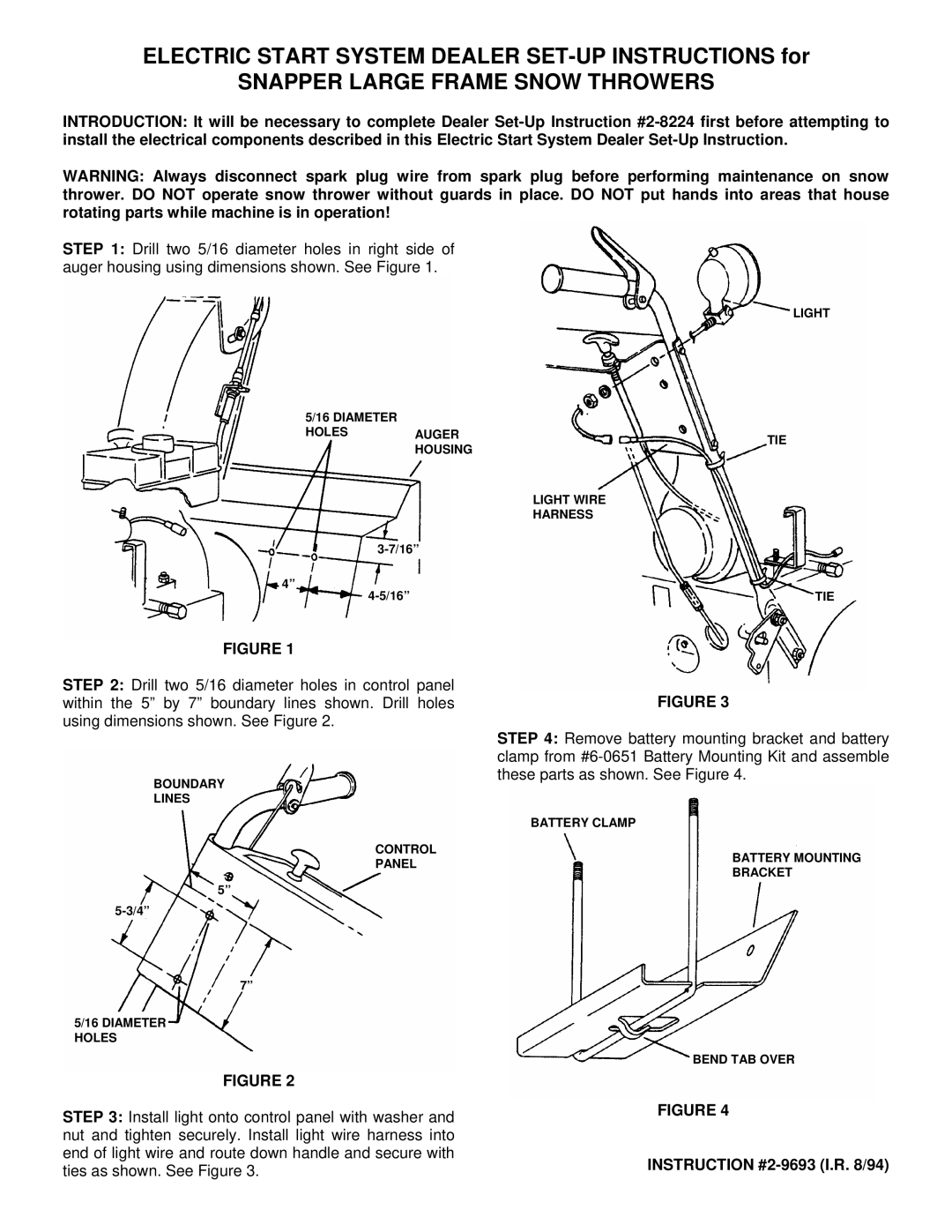 Snapper dimensions Snapper Large Frame Snow Throwers, Instruction #2-9693 I.R /94 