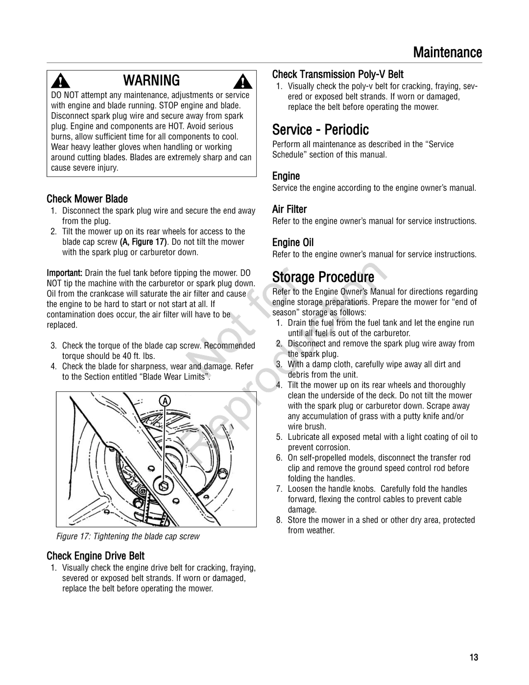 Snapper 20 manual Service Periodic, Sto age Procedure, Check Transmission Poly-V Belt, Engine Check Mower Blade Air Filter 