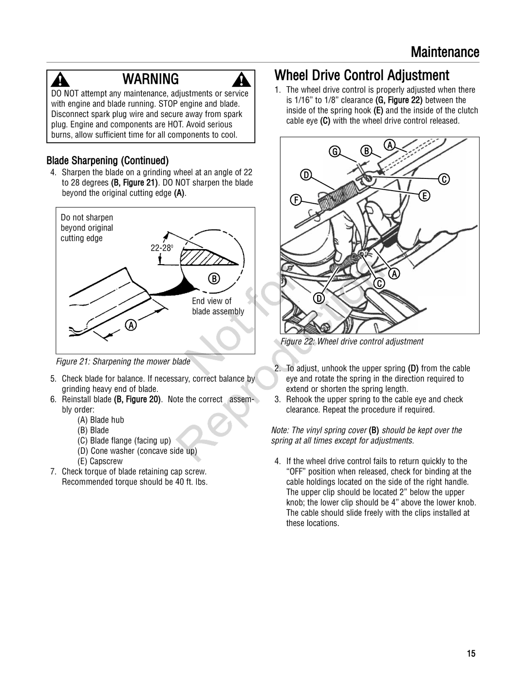 Snapper 20 manual Reproduction For, Cable eye C with the wheel drive control released, 22-280, End view Blade assembly 