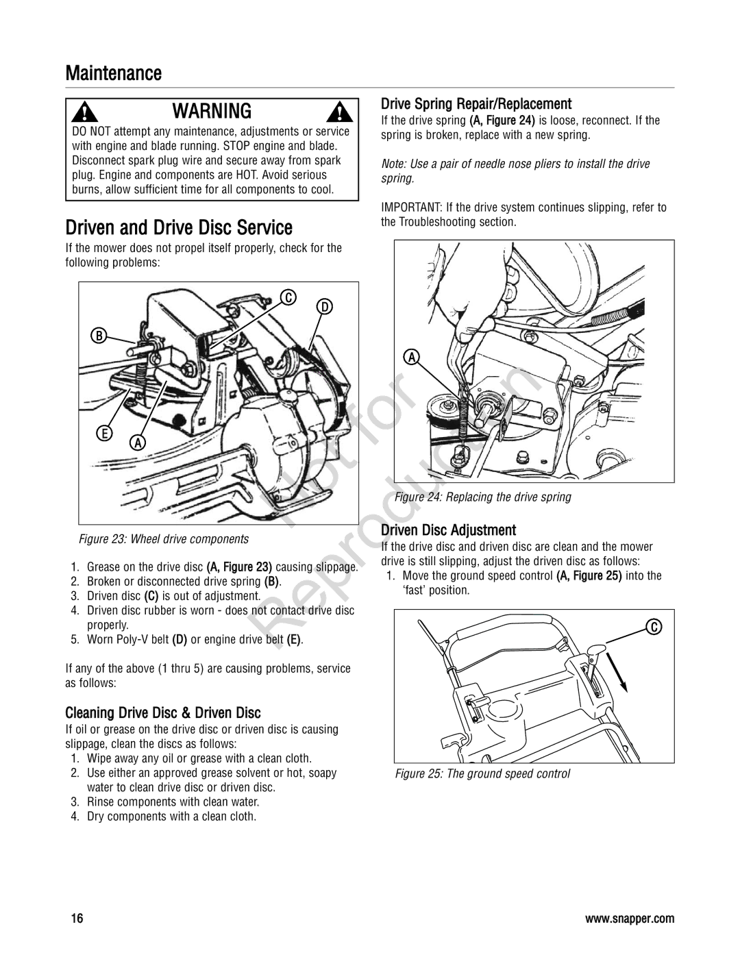 Snapper 20 manual Drive Spring Repair/Replacement, Reprod uction, Driven Disc a justment, Cleaning Drive Disc & Driven Disc 