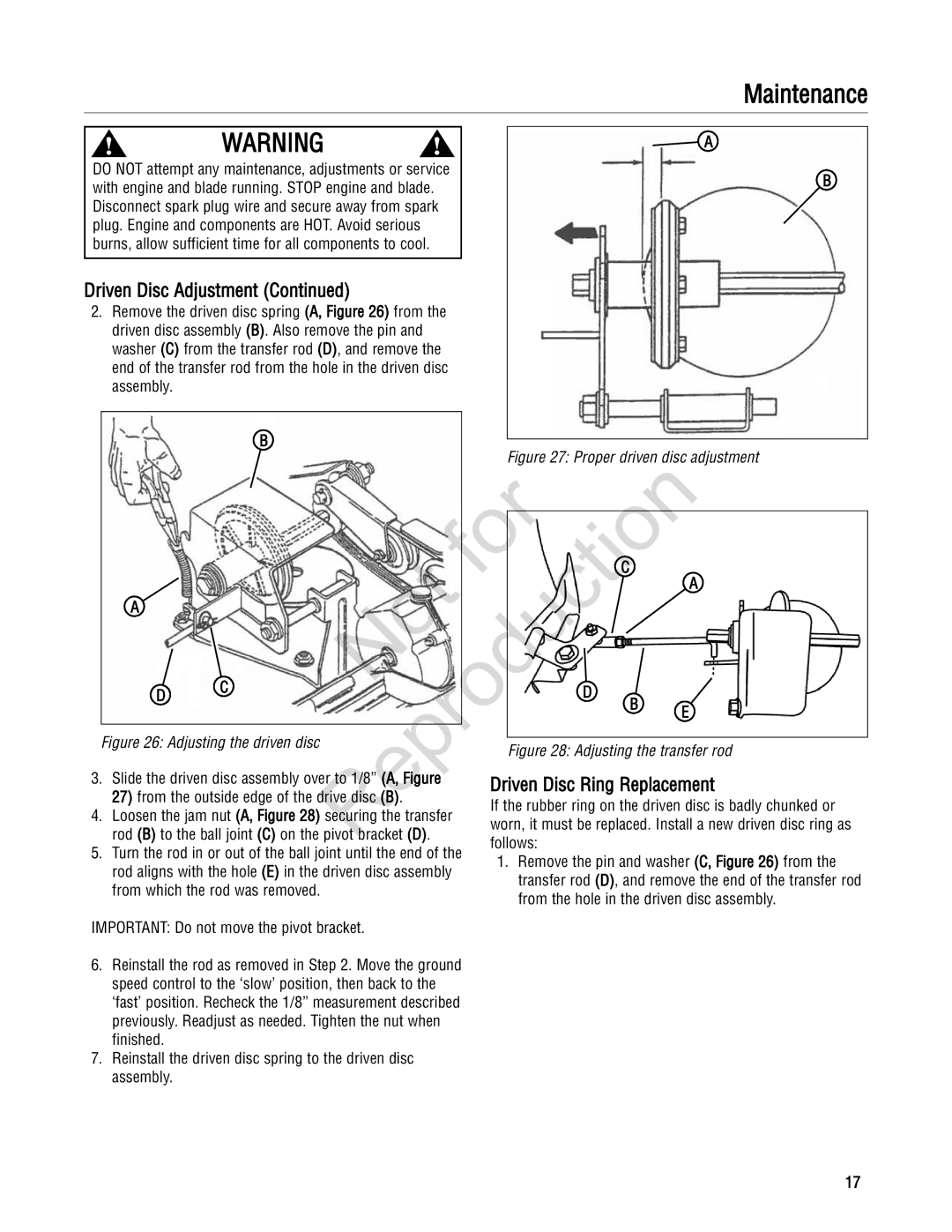 Snapper 20 Driven Disc Adjustment, Driven Disc Ring Replacement, Reprod, Uction, Important Do not move the pivot bracket 