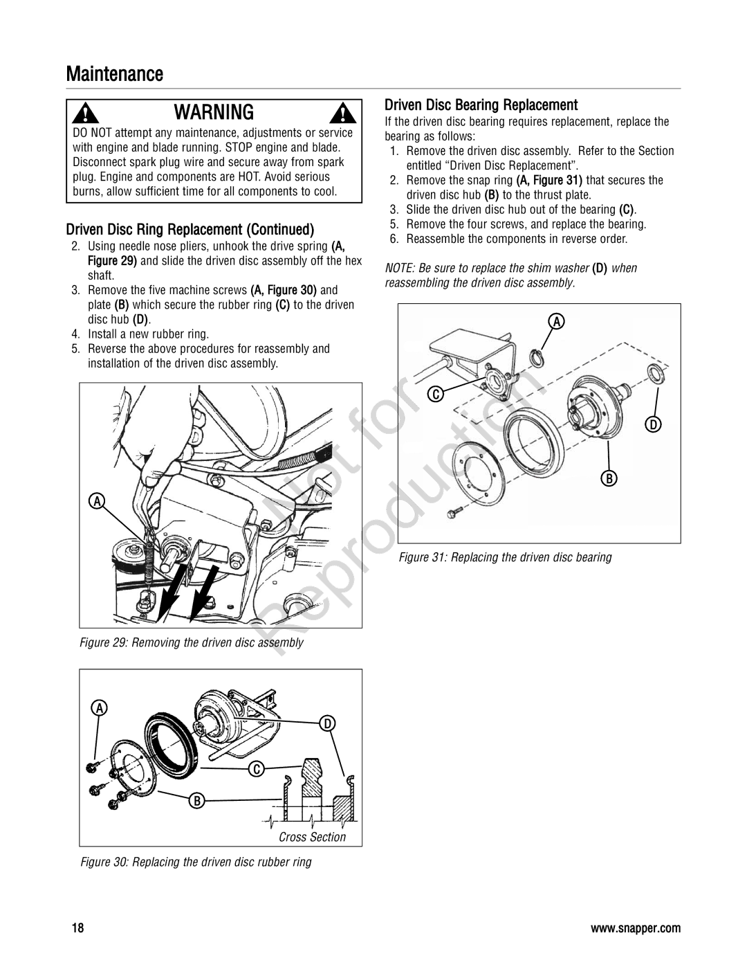 Snapper 20 manual Reproduction For Not, Driven Disc Bearing Replacement 