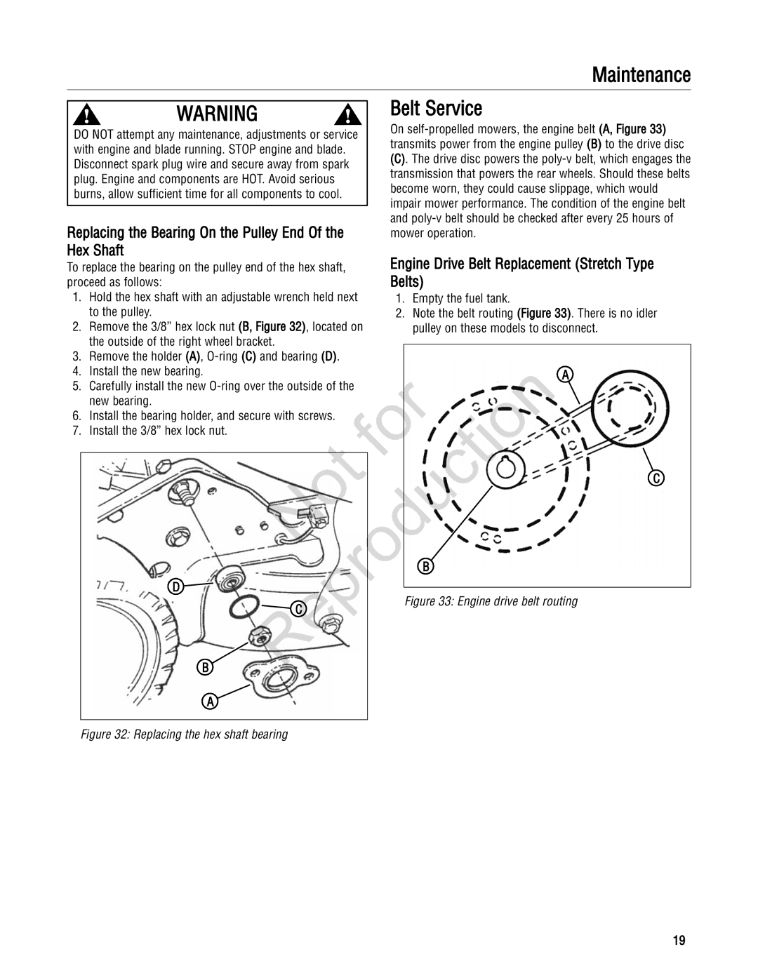 Snapper 20 manual Hex Shaft, Belts, Replacing the Bearing On the Pulley End 