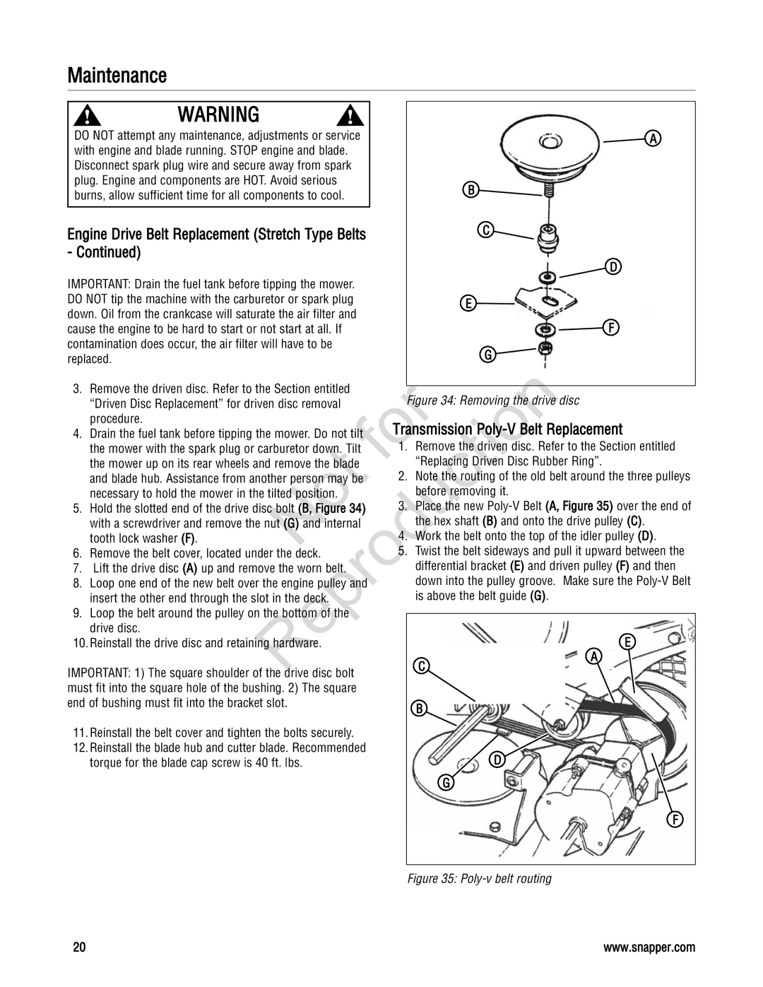 Snapper 20 manual Transmiss on P ly-V Belt Replacement, Engine Drive Belt Replacement Stretch Type Belts 