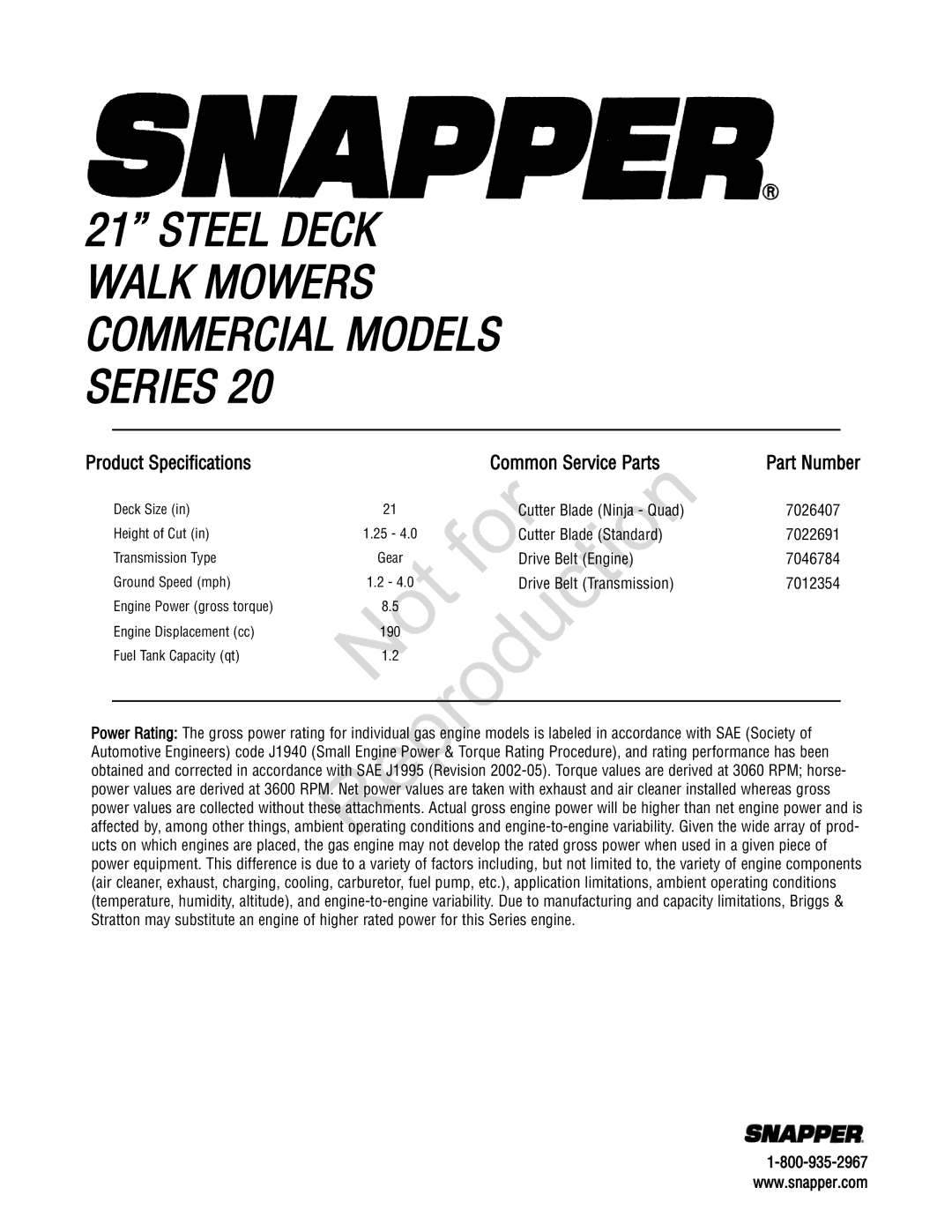 Snapper 20 manual Product Specifications Common Service Parts, Part Number 