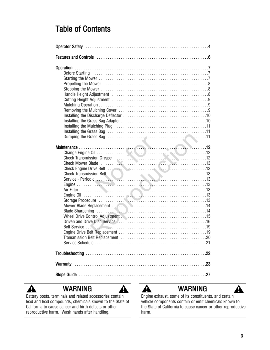 Snapper 20 manual Table of Contents 