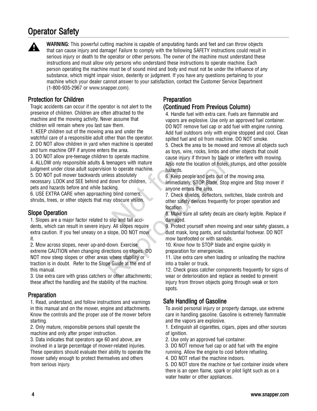 Snapper 20 manual Operator Safety, Protection for Children Preparation, From Previous Column, Slope Operation 