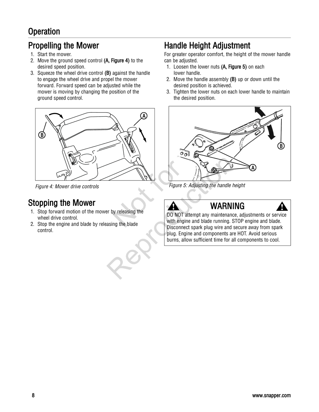 Snapper 20 manual Operation Propelling the Mower Handle Height Adjustment, Start the mower, Lower handle 