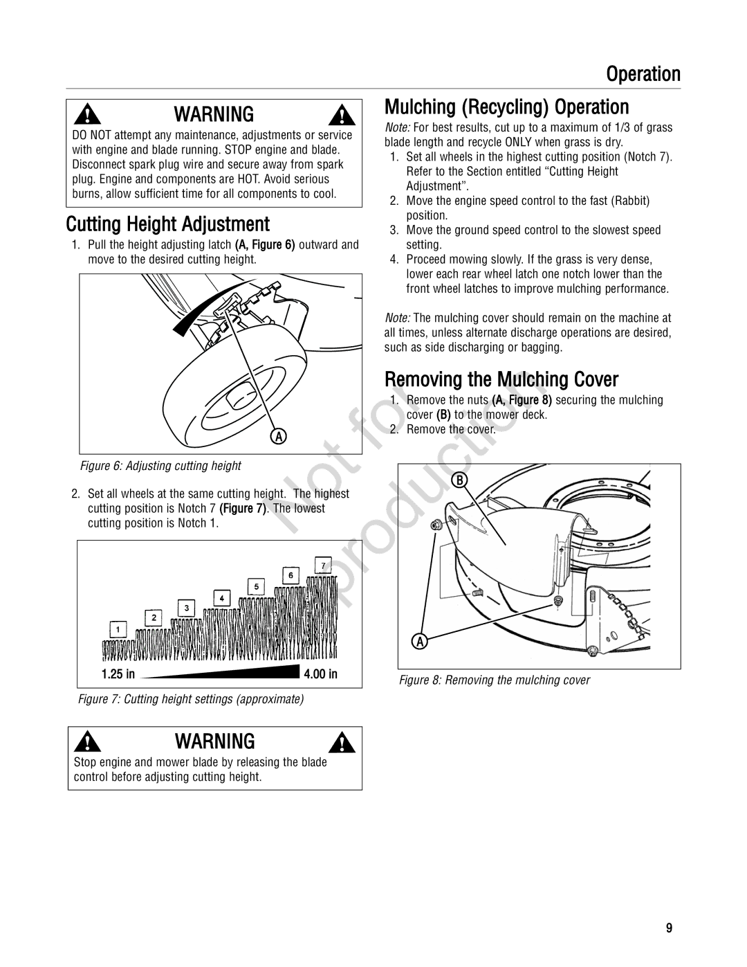 Snapper 20 manual Operation Mulching Recycling Operation, Removing the Mulching Cover 