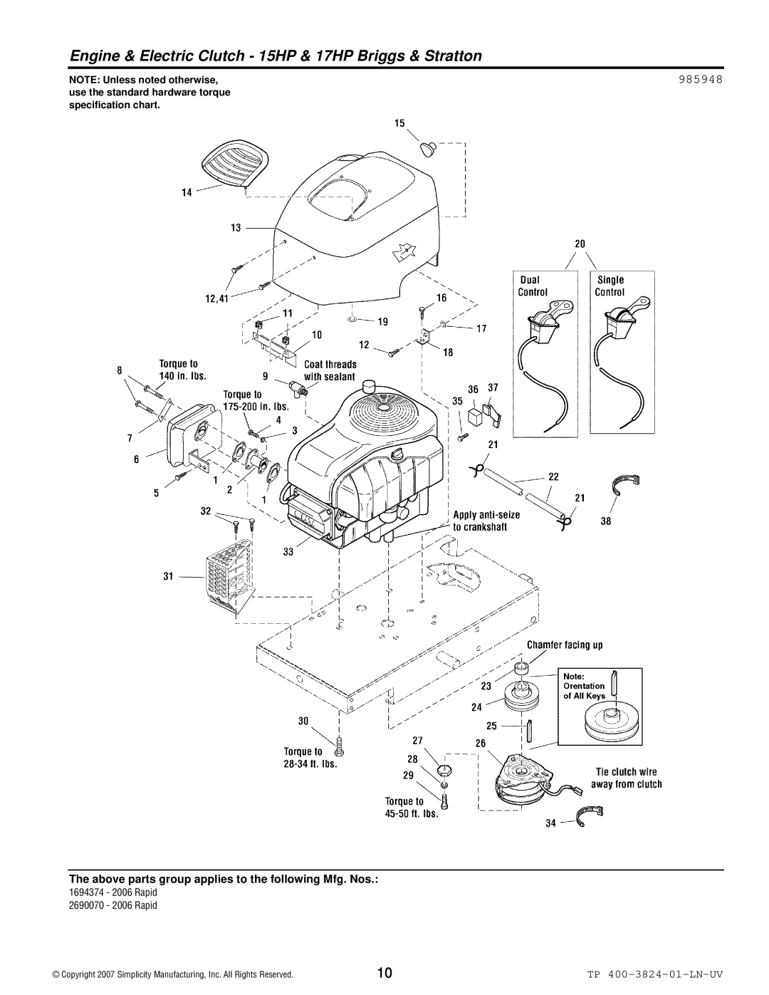 Snapper 2006 Rapid manual Engine & Electric Clutch 15HP & 17HP Briggs & Stratton, 985948 