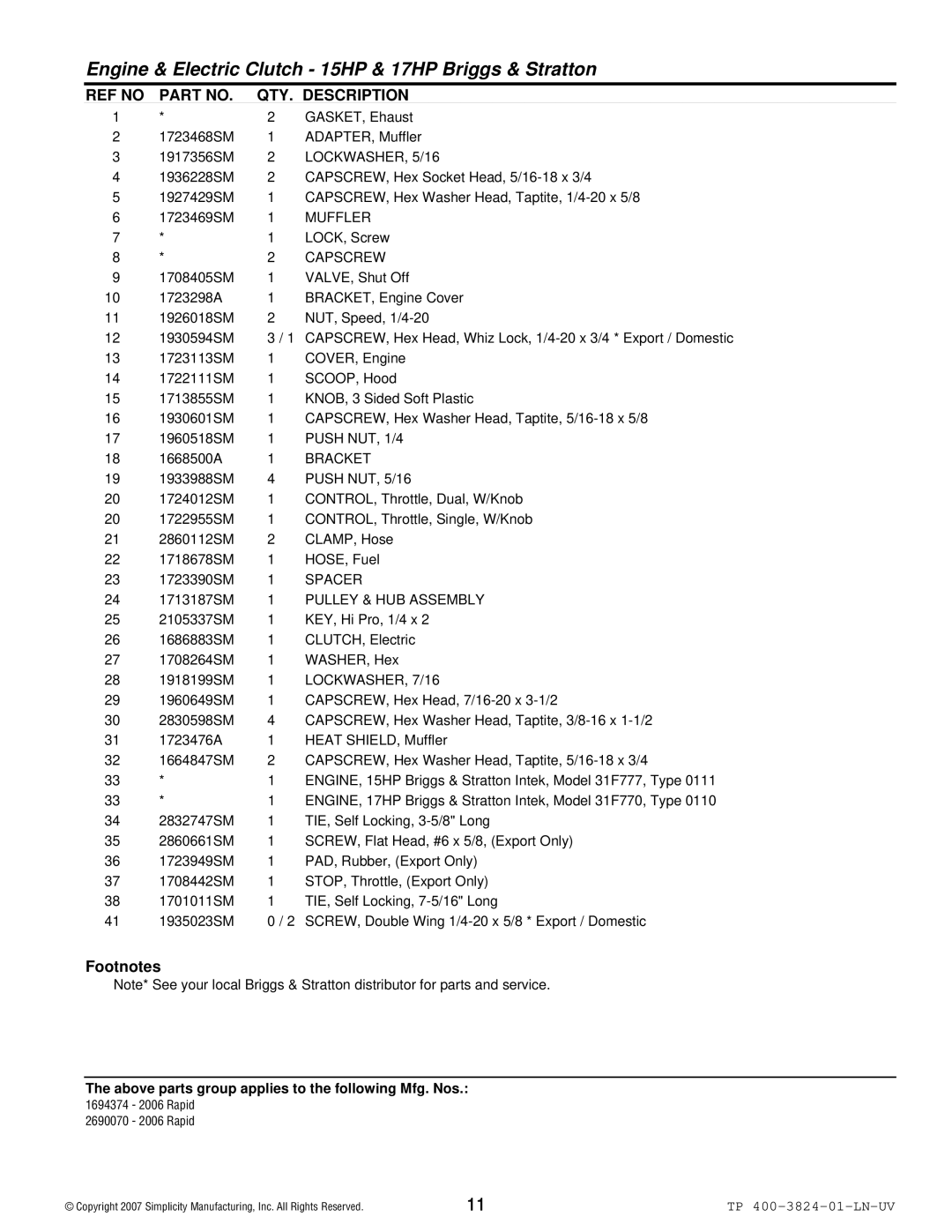 Snapper 2006 Rapid LOCKWASHER, 5/16, Muffler, Capscrew, Push NUT, 1/4, Bracket, Pulley & HUB Assembly, LOCKWASHER, 7/16 