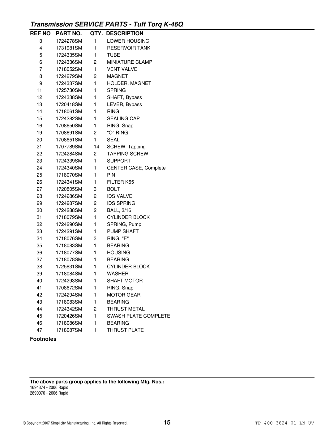 Snapper 2006 Rapid Lower Housing, Reservoir Tank, Tube, Miniature Clamp, Vent Valve, HOLDER, Magnet, Spring, Seal, Pin 