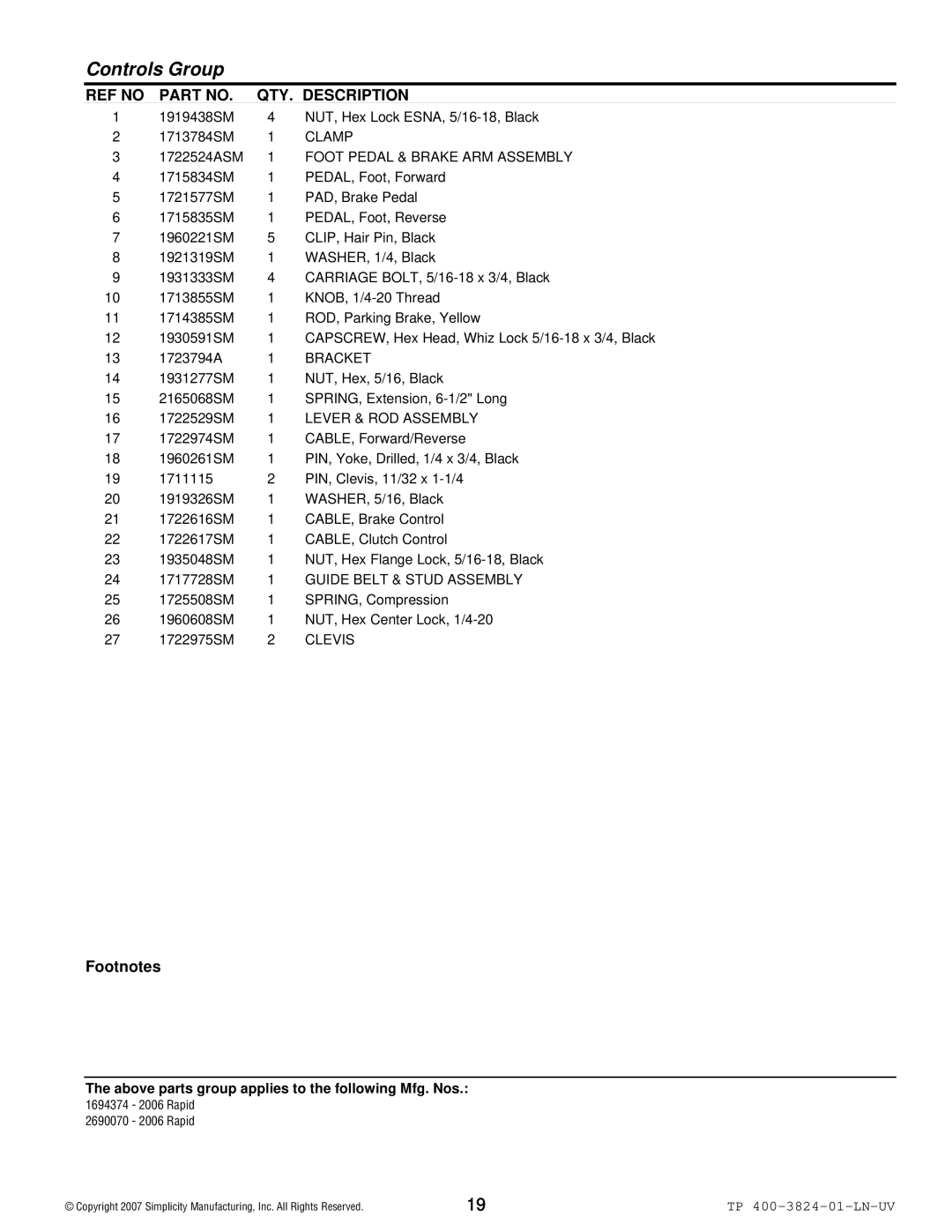 Snapper 2006 Rapid manual Clamp, Foot Pedal & Brake ARM Assembly, Lever & ROD Assembly, Guide Belt & Stud Assembly, Clevis 