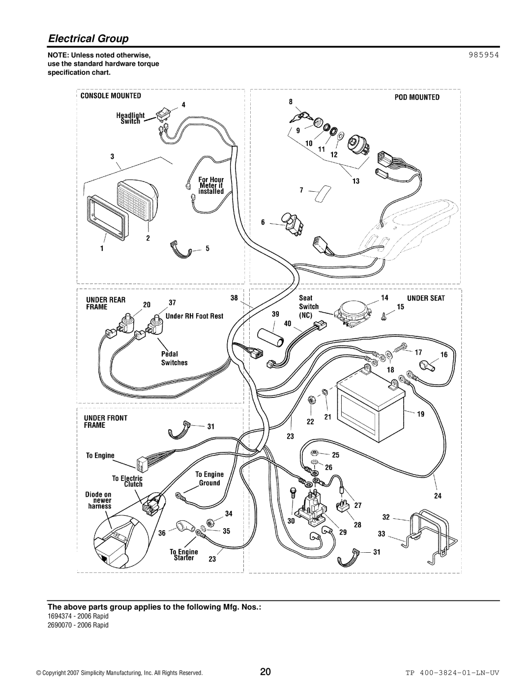 Snapper 2006 Rapid manual Electrical Group, 985954 