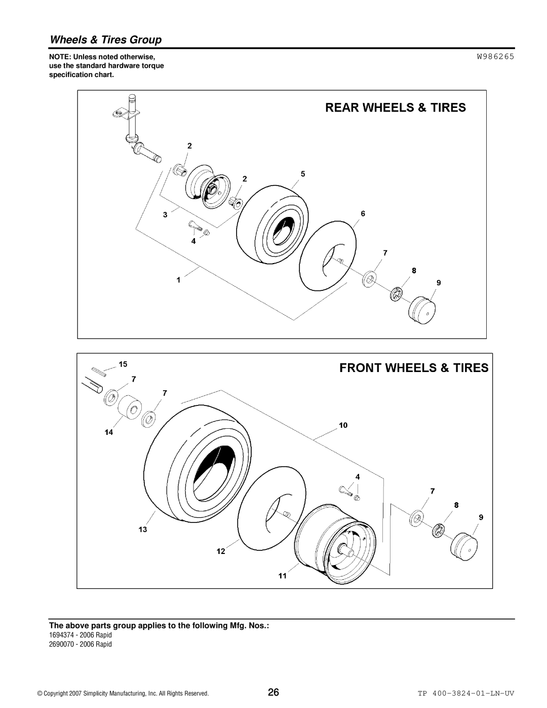 Snapper 2006 Rapid manual Wheels & Tires Group, W986265 