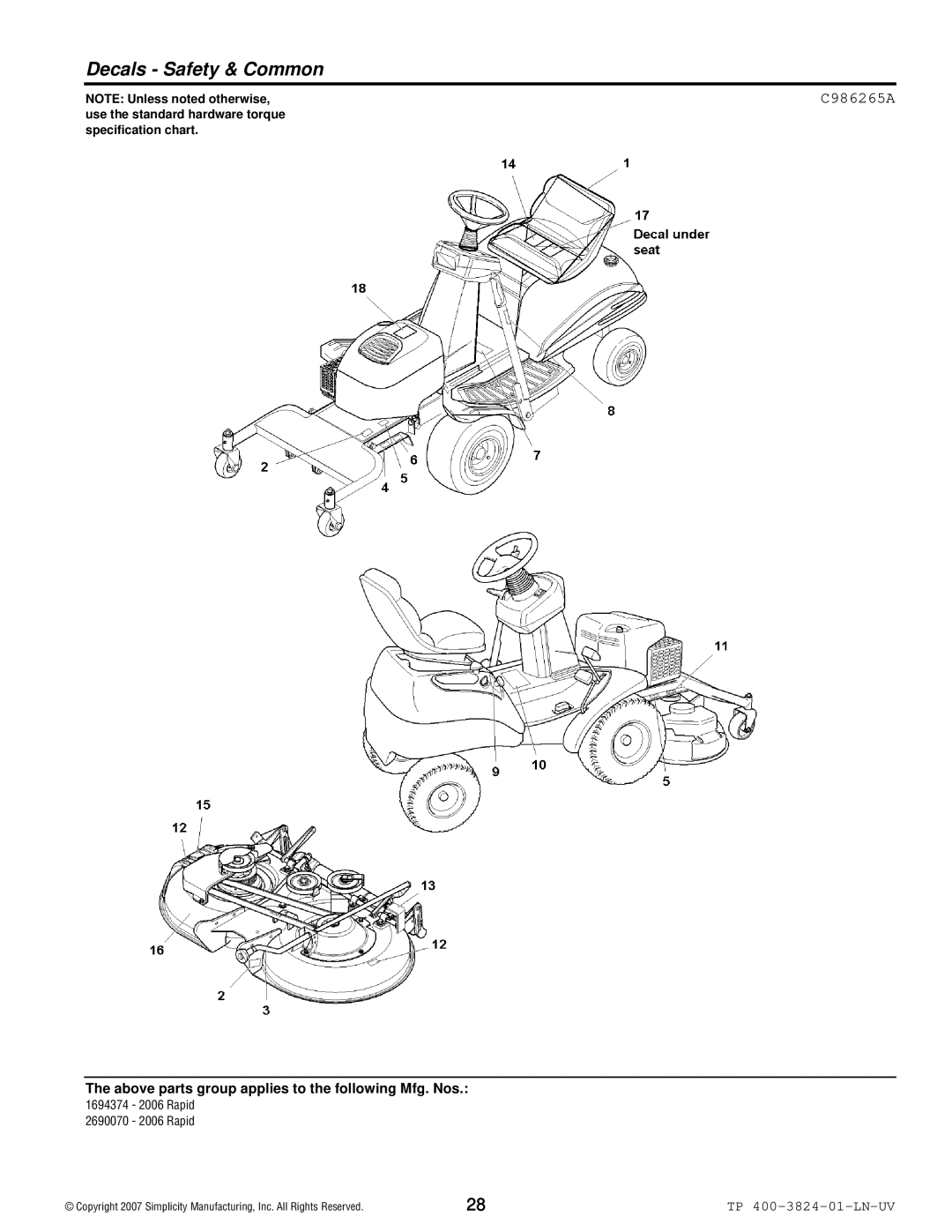 Snapper 2006 Rapid manual Decals Safety & Common, C986265A 