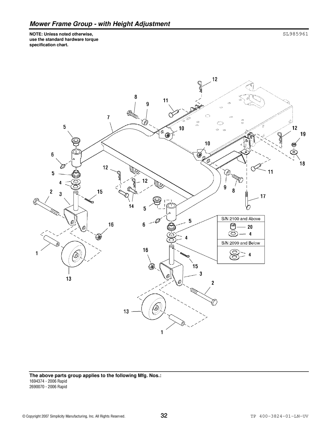 Snapper 2006 Rapid manual Mower Frame Group with Height Adjustment, SL985961 