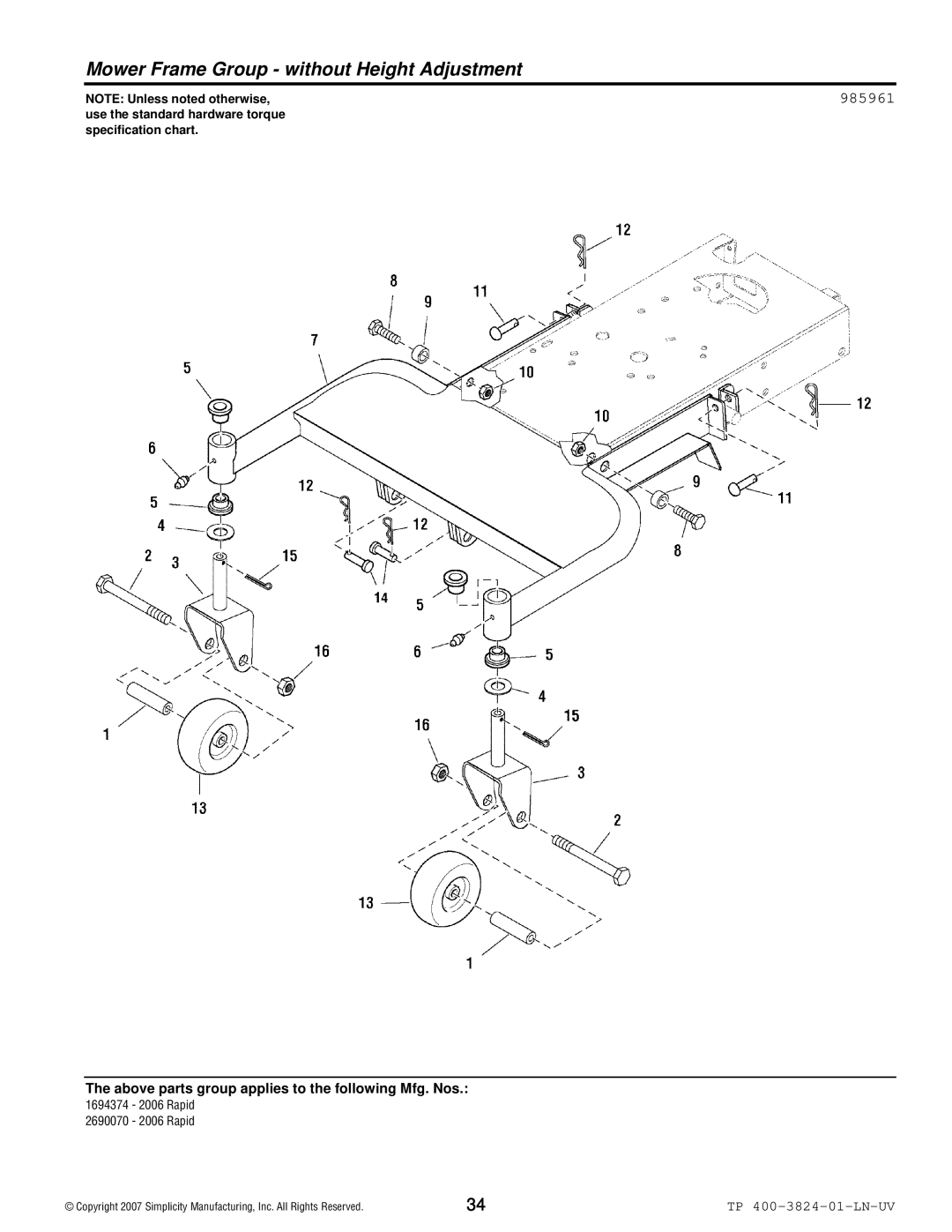 Snapper 2006 Rapid manual Mower Frame Group without Height Adjustment, 985961 