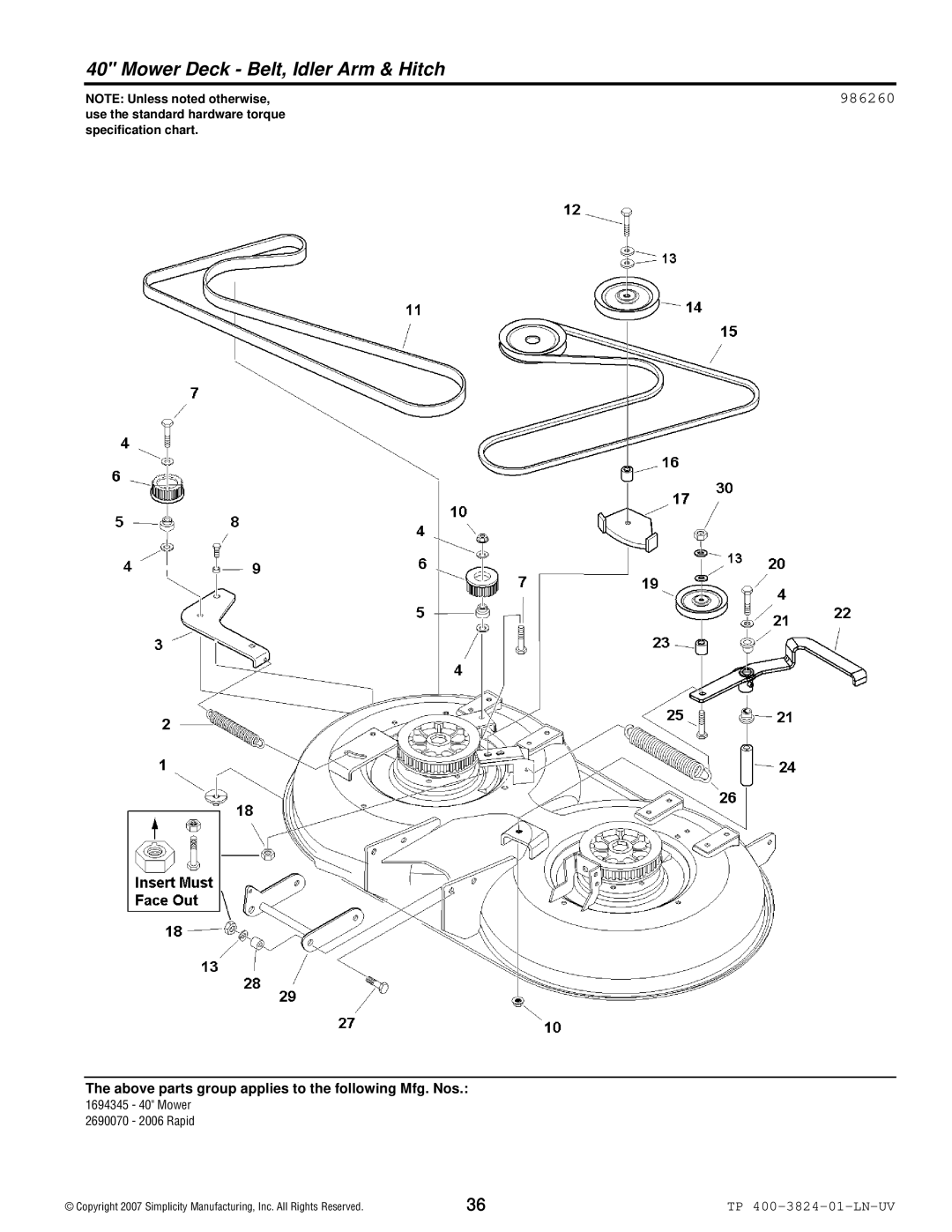 Snapper 2006 Rapid manual Mower Deck Belt, Idler Arm & Hitch, 986260 