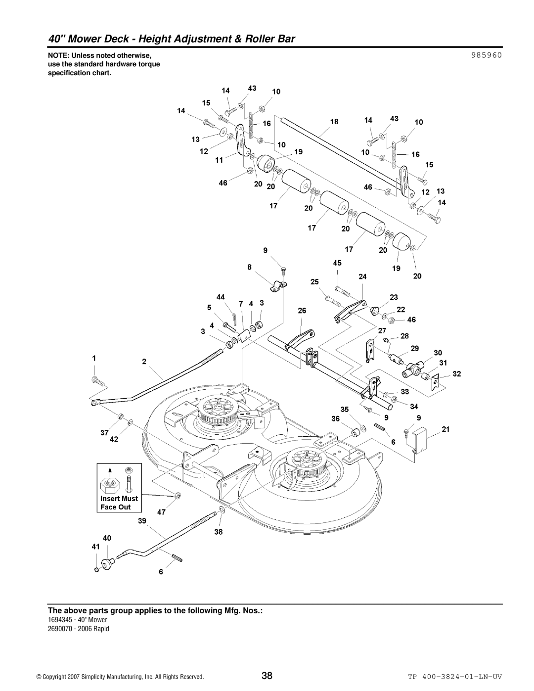 Snapper 2006 Rapid manual Mower Deck Height Adjustment & Roller Bar, 985960 